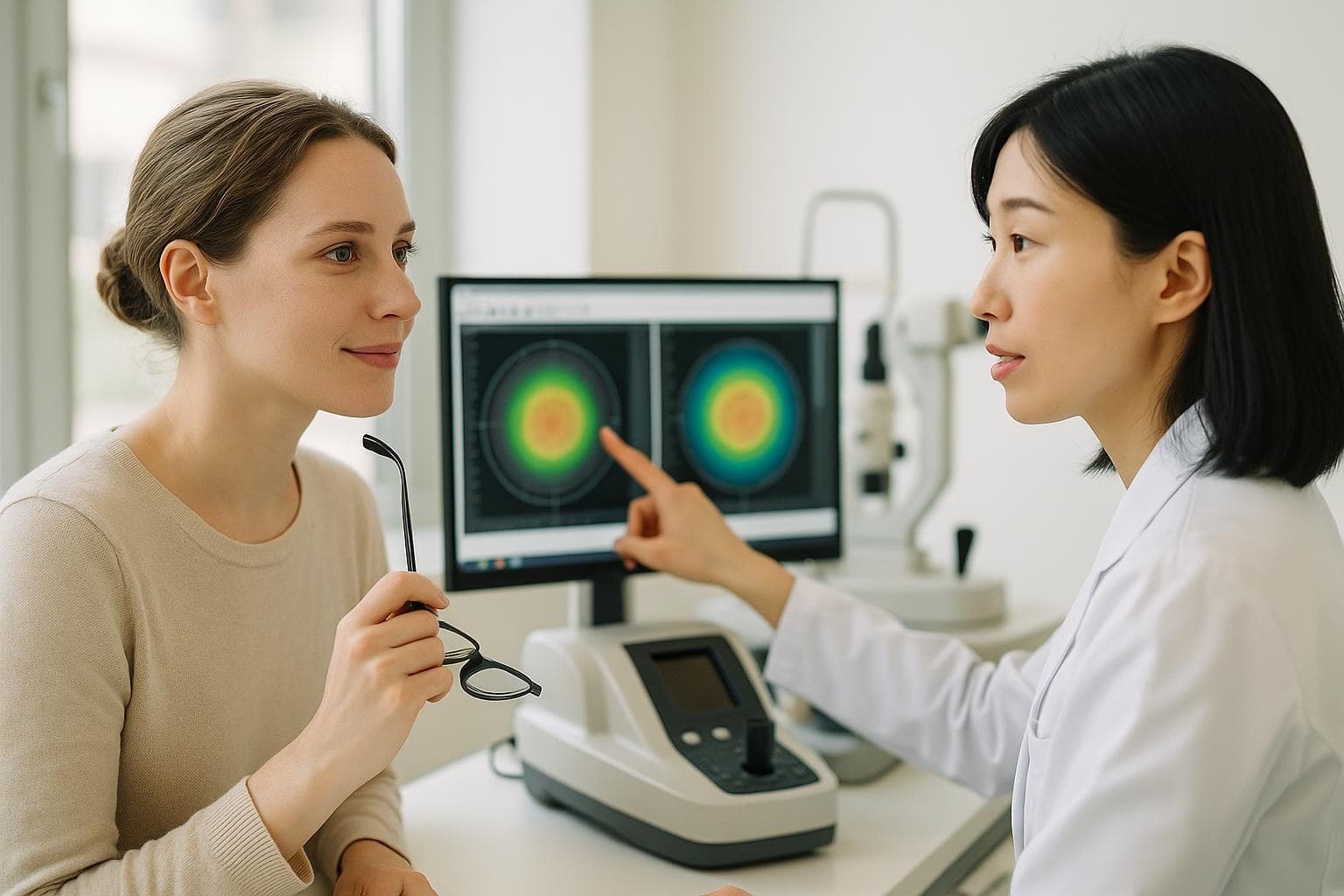A calm Western woman in her thirties listening to an eye doctor explain her corneal exam results in a bright Gangnam eye clinic