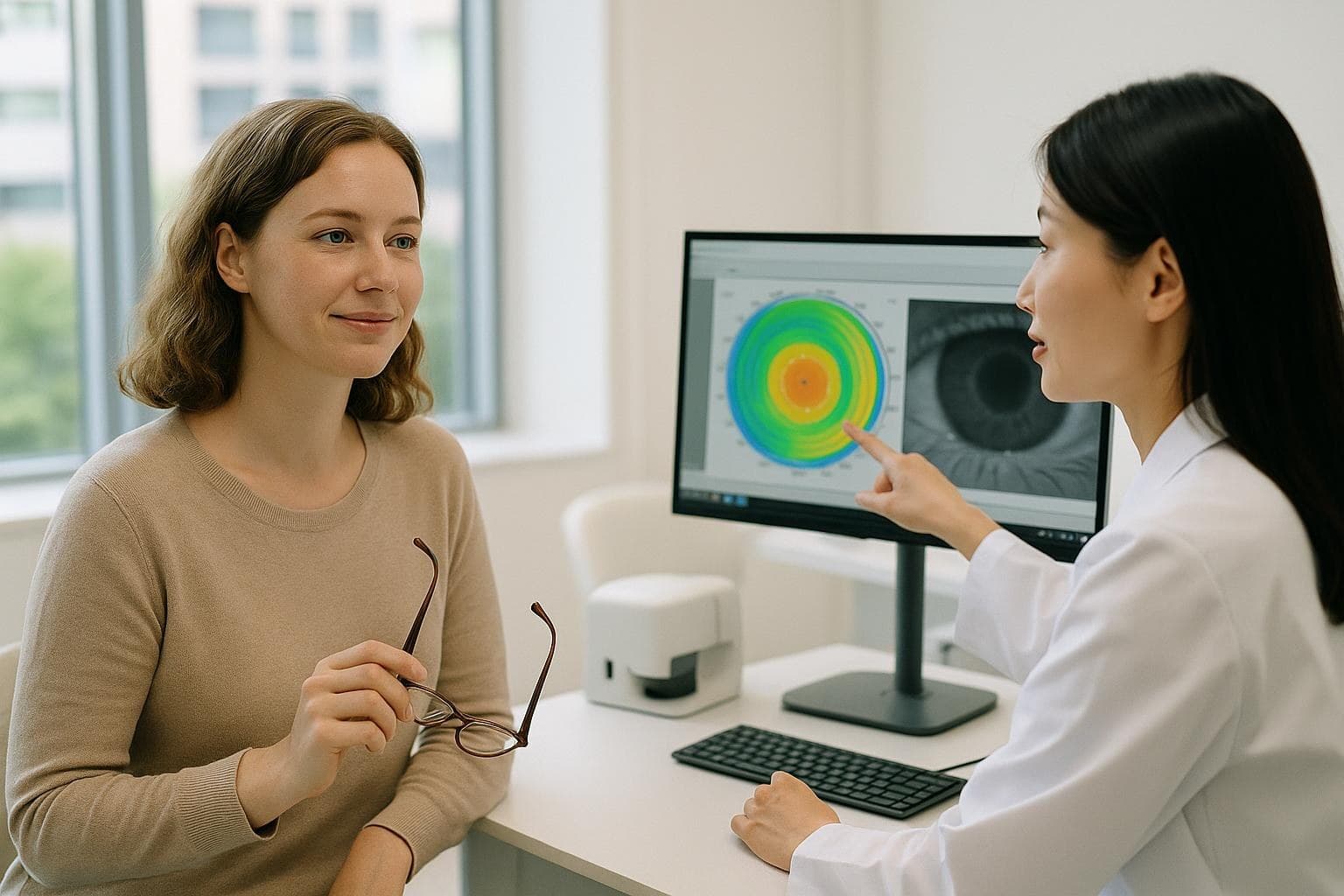A calm woman in her thirties holding her glasses while listening to an eye doctor explain a treatment plan in a bright Gangnam clinic consultation room