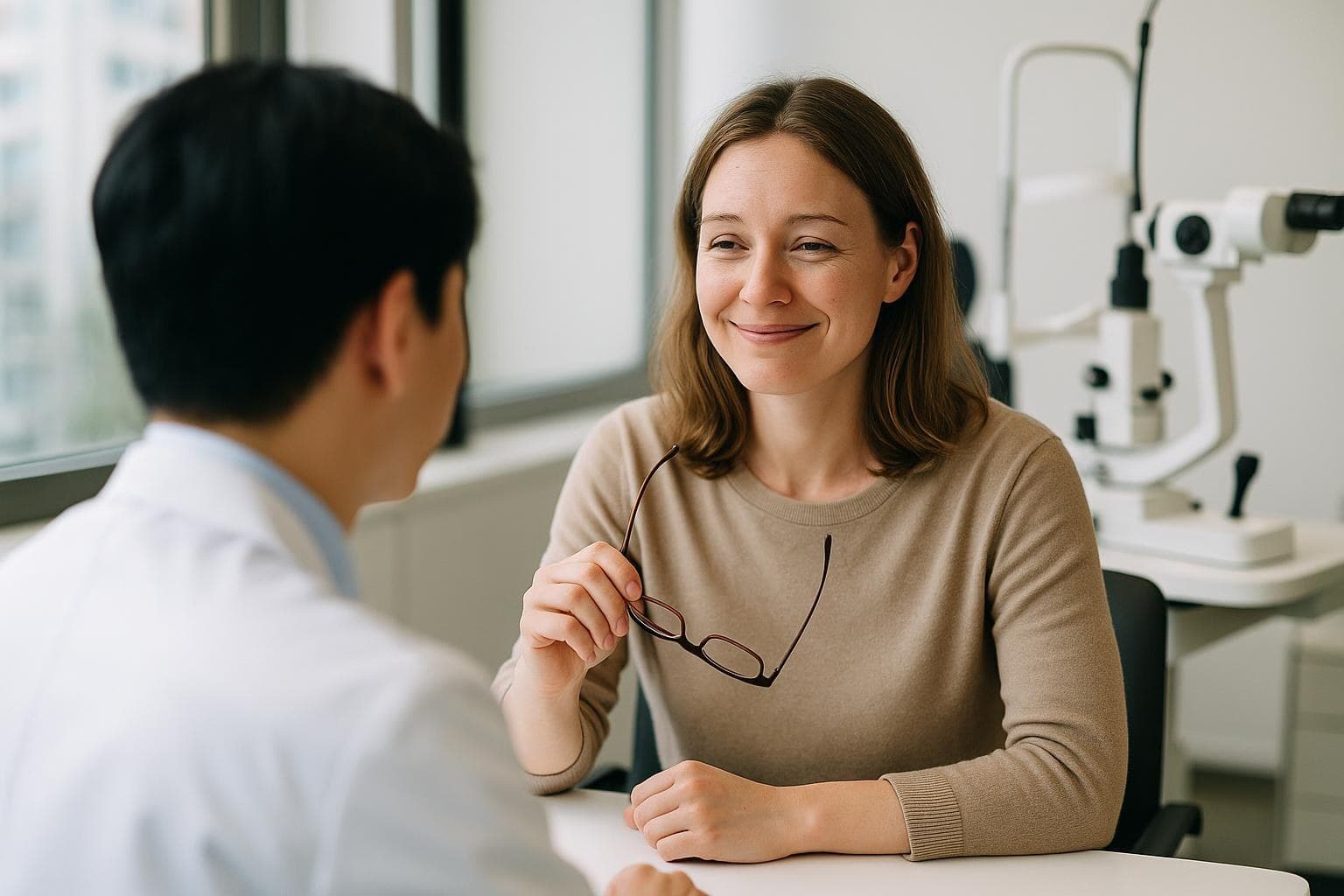 A patient reviewing an itemised treatment estimate with the director in a bright consultation room