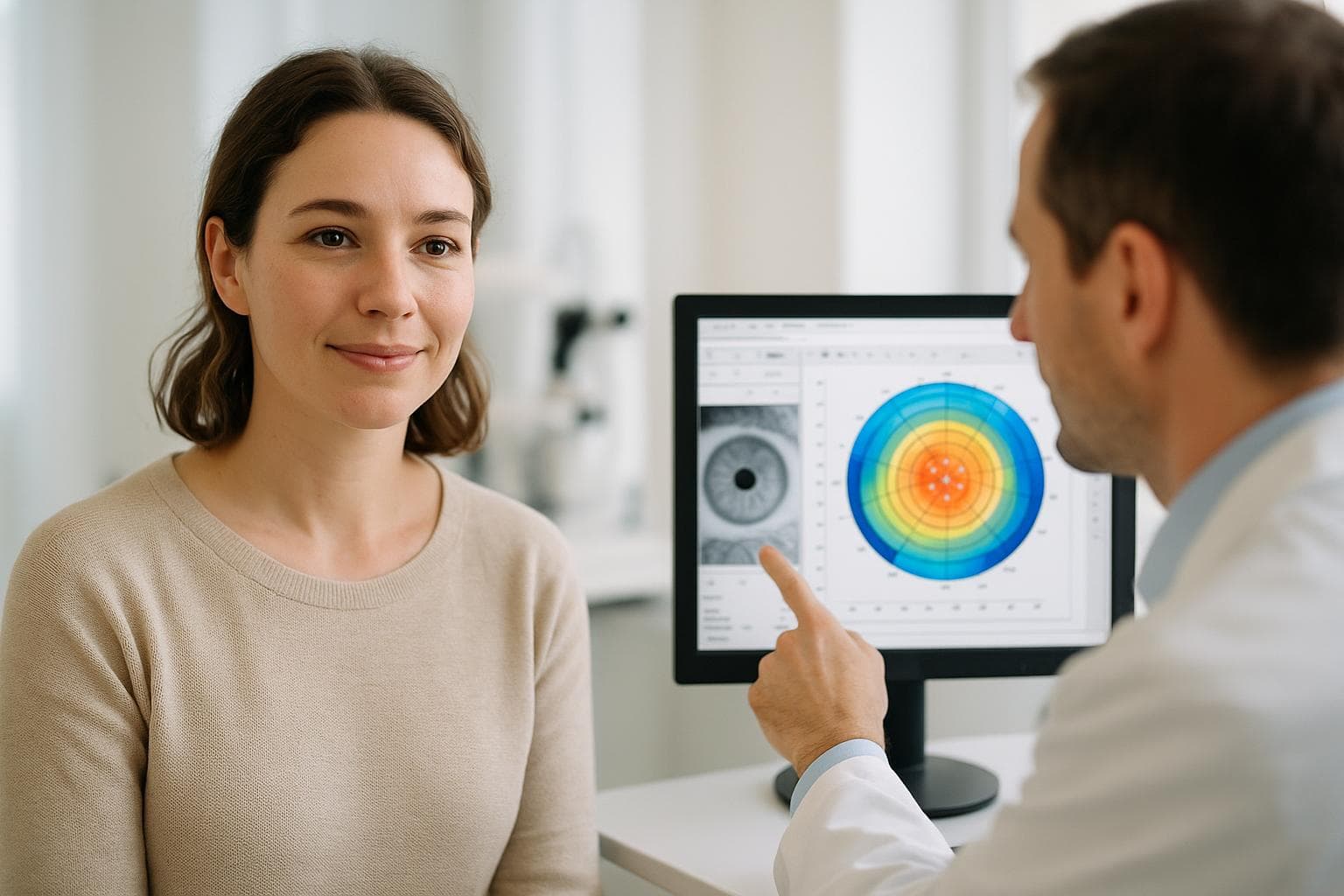 Astigmatism examination and topography review at Healing Eye Clinic, Seoul