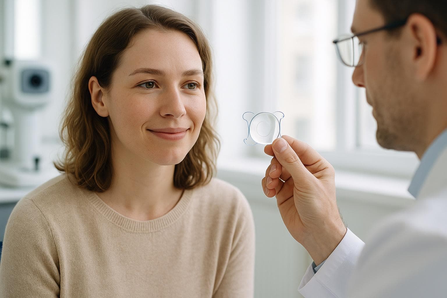 Illustration of an implantable collamer lens (ICL) positioned inside the eye