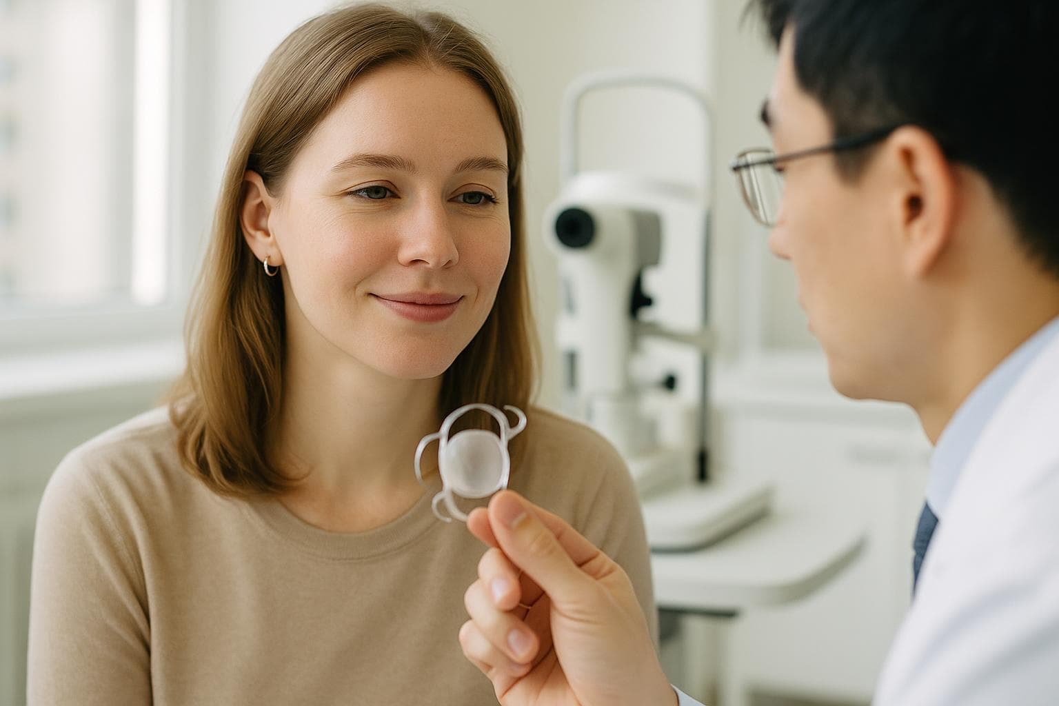 Illustration of an implantable collamer lens (ICL) positioned inside the eye