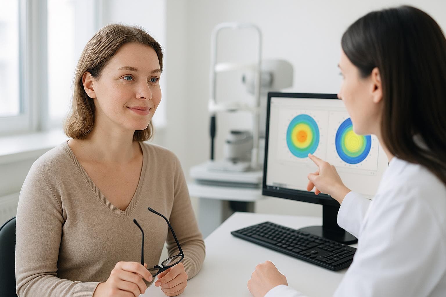 A calm woman in her thirties holding her glasses while listening to an eye doctor explain ICL results in a bright Seoul clinic consultation room