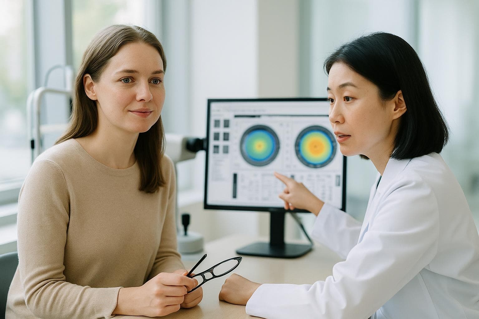 A calm woman in her early thirties listens to an eye doctor explaining her corneal scan results in a bright Seoul clinic consultation room