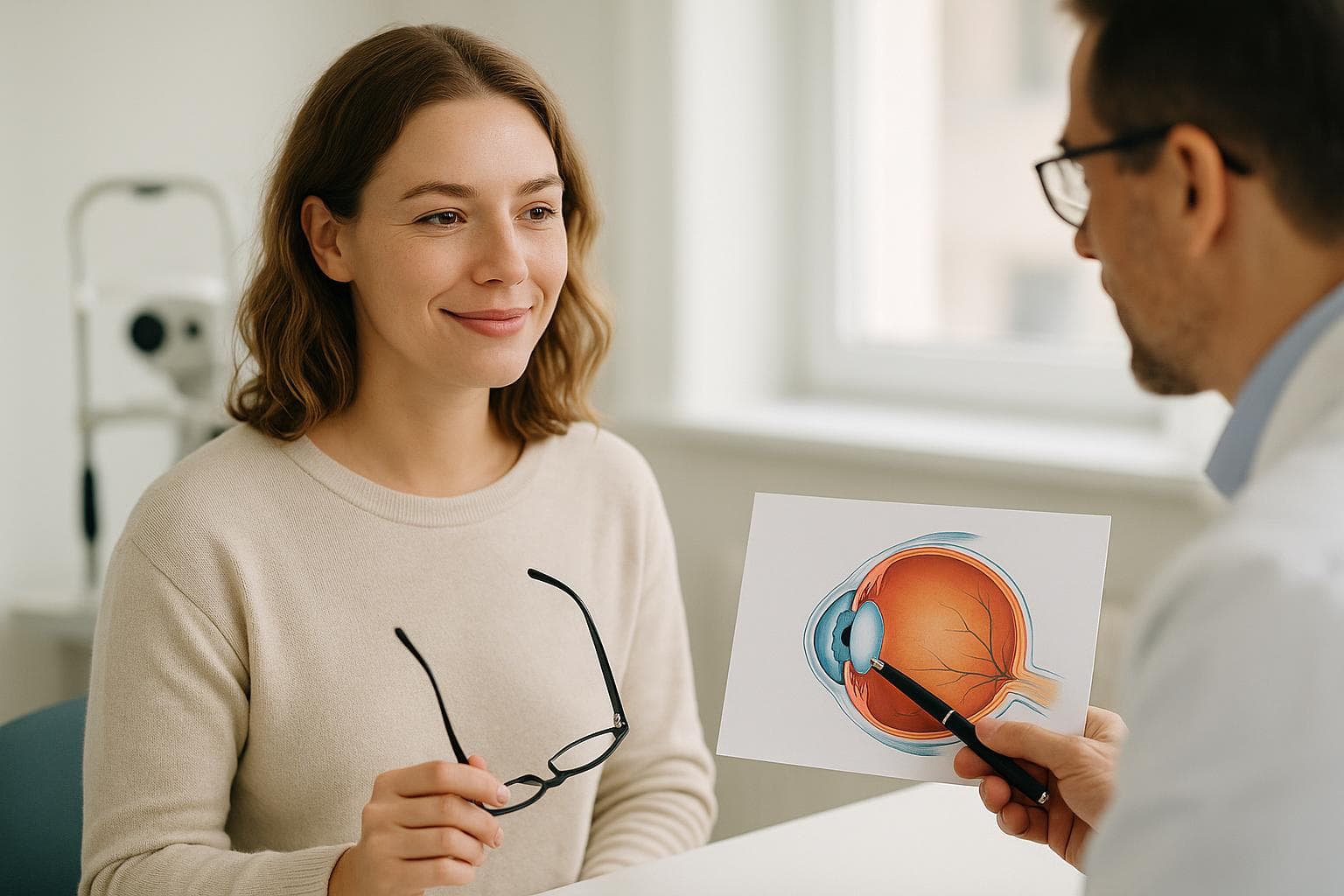 Healing Eye Clinic surgeon comparing LASEK and LASIK options on a corneal topography map