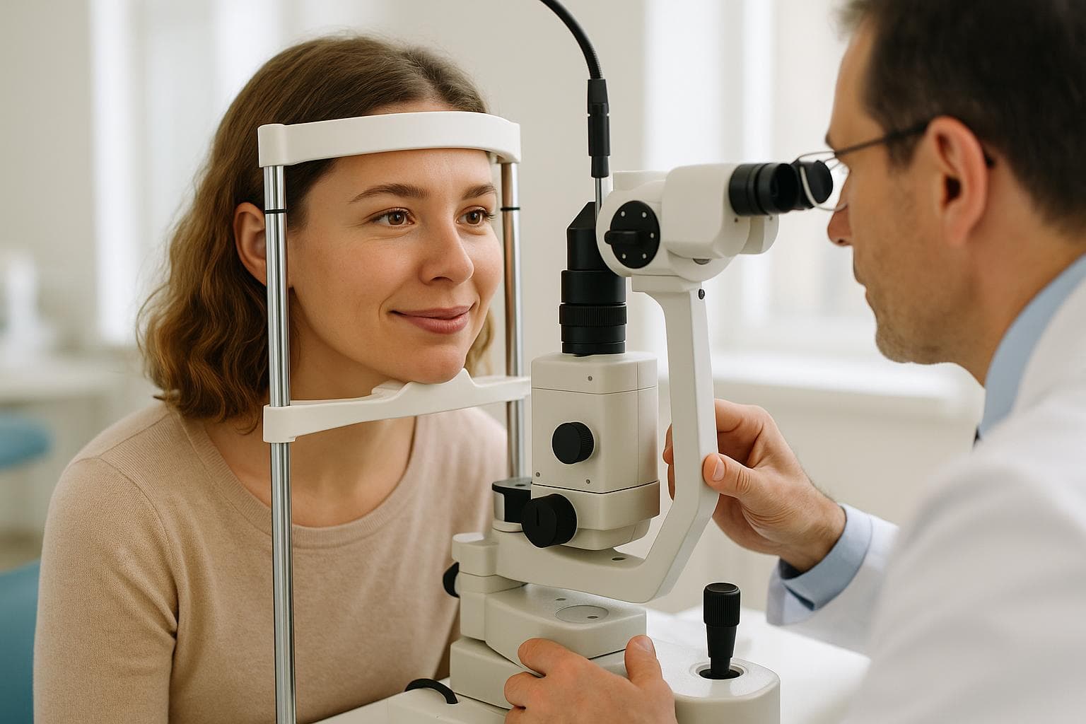 Dr. Kim Sun-young reviewing a refraction chart with a patient at Healing Eye Clinic