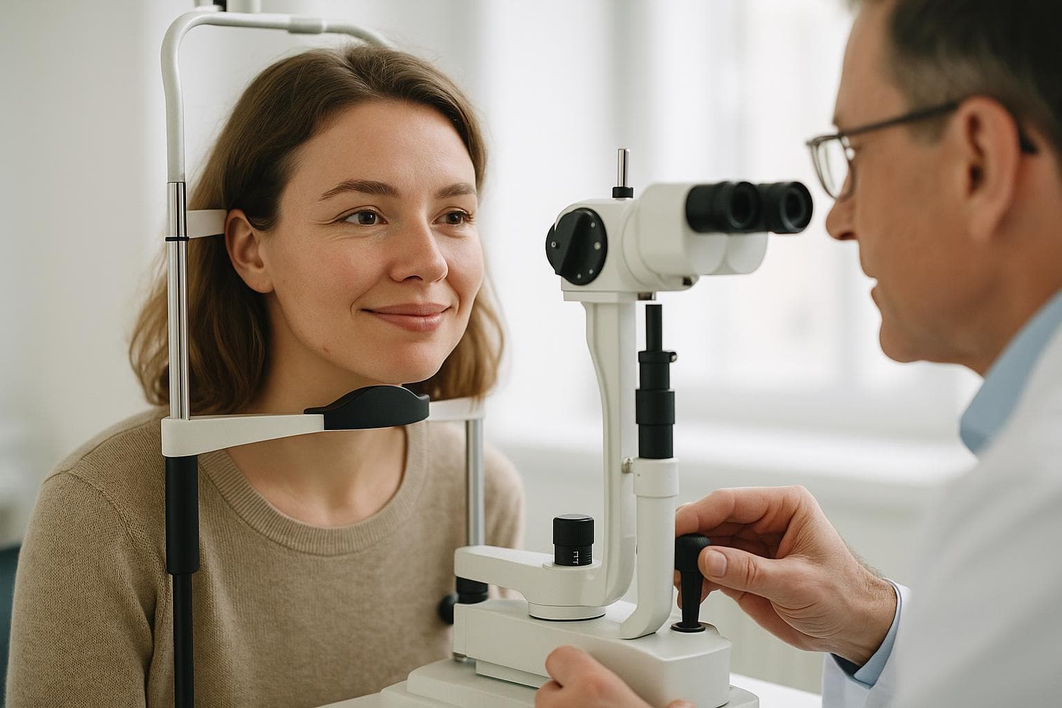 Dr. Kim Sun-young reviewing a corneal topography map during a detailed eye exam