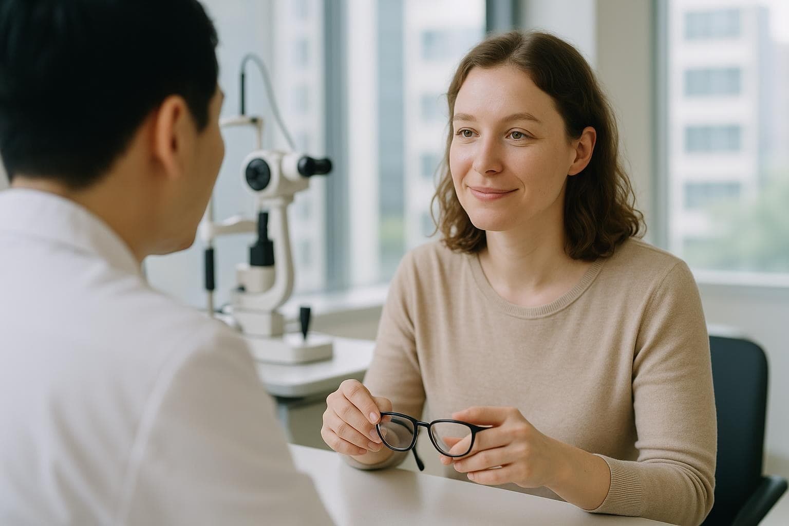 A calm woman in her thirties listening to an eye doctor explain intraocular lens options in a bright Seoul consultation room, her glasses in her hand
