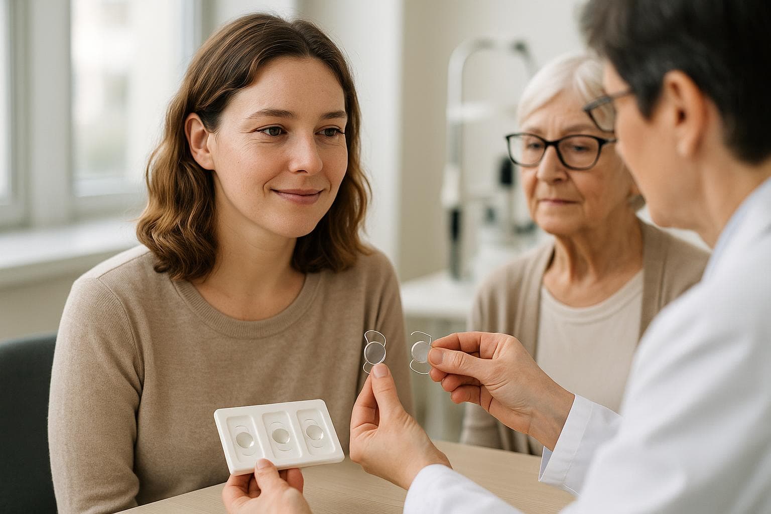 A surgeon discussing combined presbyopia and cataract treatment with a patient