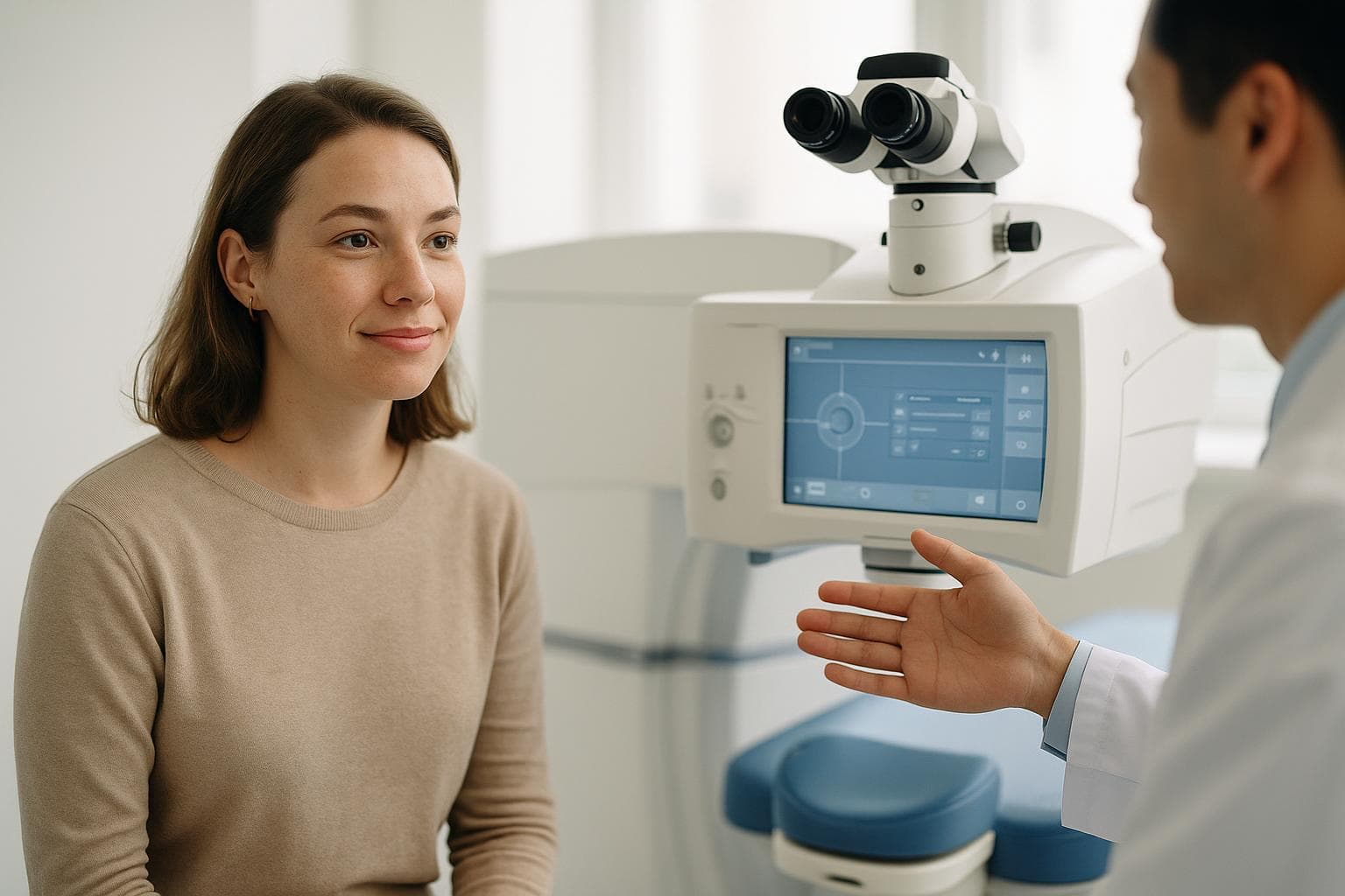 Dr. Kim Sun-young reviewing corneal topography before SMILE surgery at Healing Eye Clinic