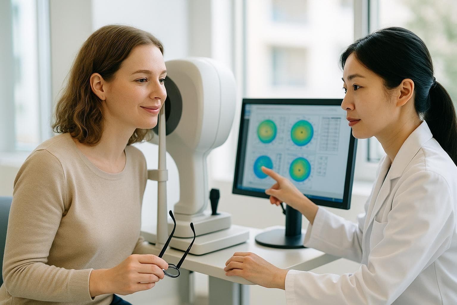 A calm woman in her early thirties sits at an ophthalmic diagnostic device in a bright Seoul eye clinic while a doctor explains her exam results
