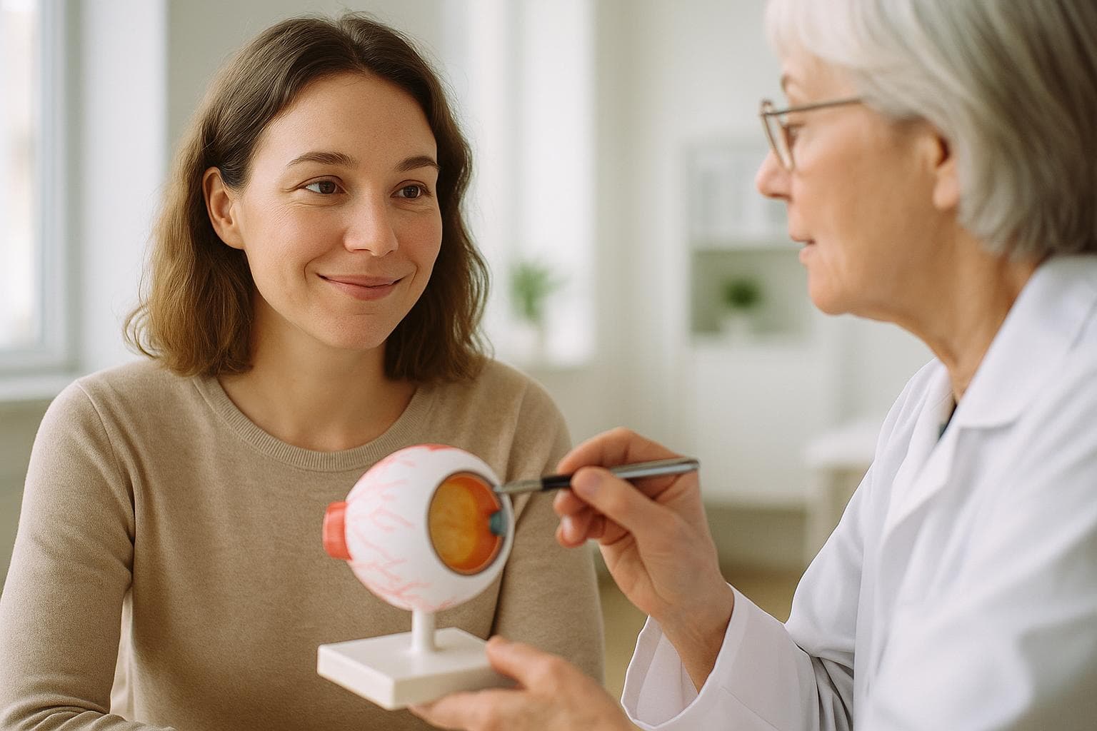 A surgeon examining a patient's lens to decide cataract surgery timing at Healing Eye Clinic