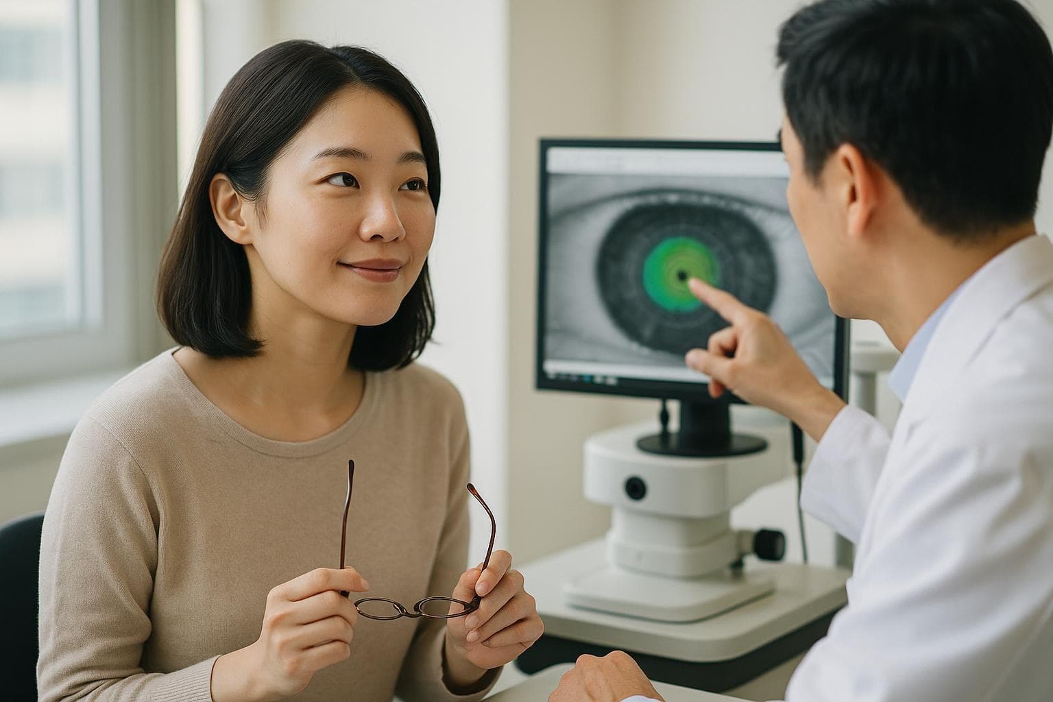 明るい診察室で医師の説明を落ち着いて聞く、メガネを手に持った30代の日本人女性患者
