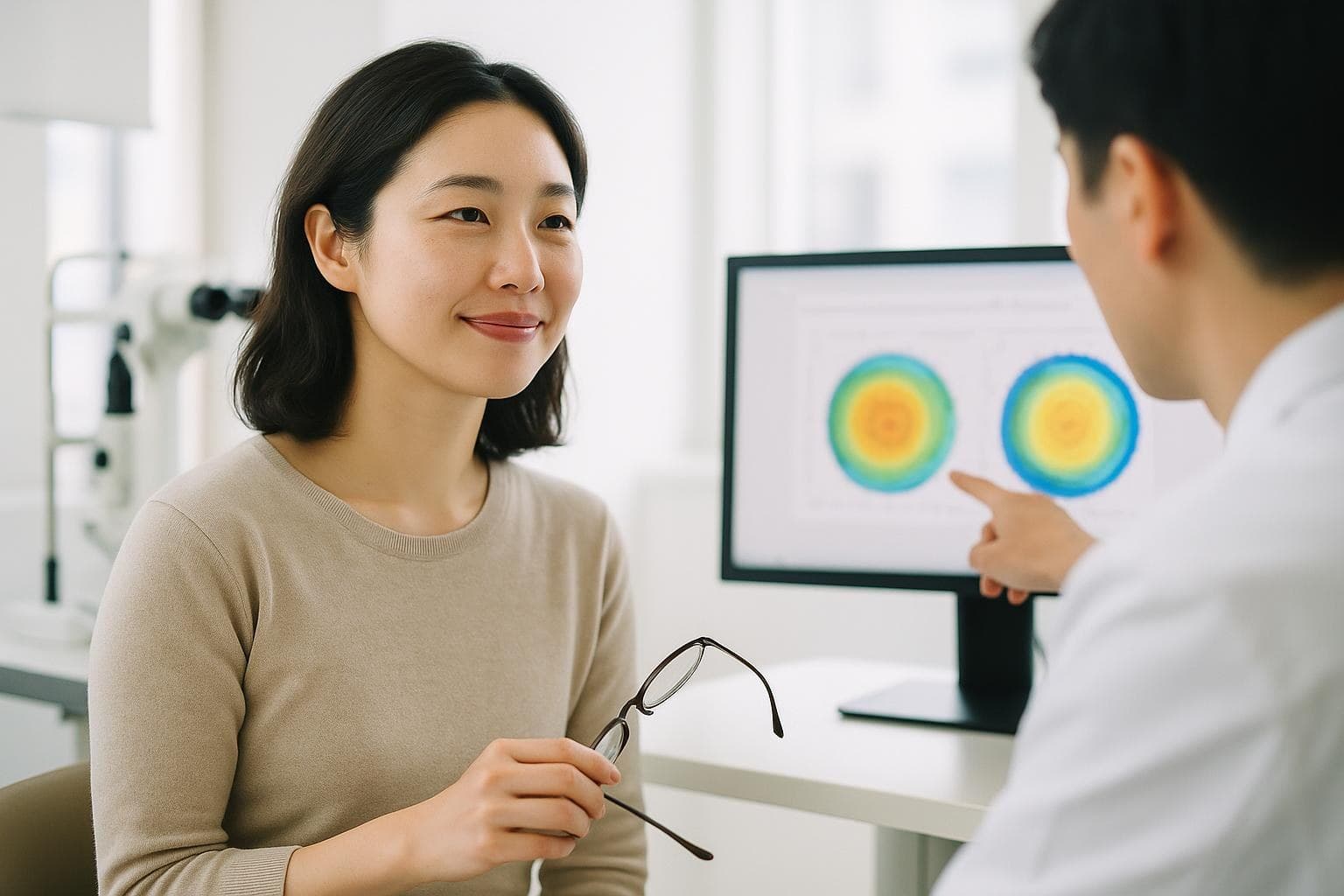 明るい診察室で医師の説明を落ち着いた表情で聞く30代の日本人女性患者