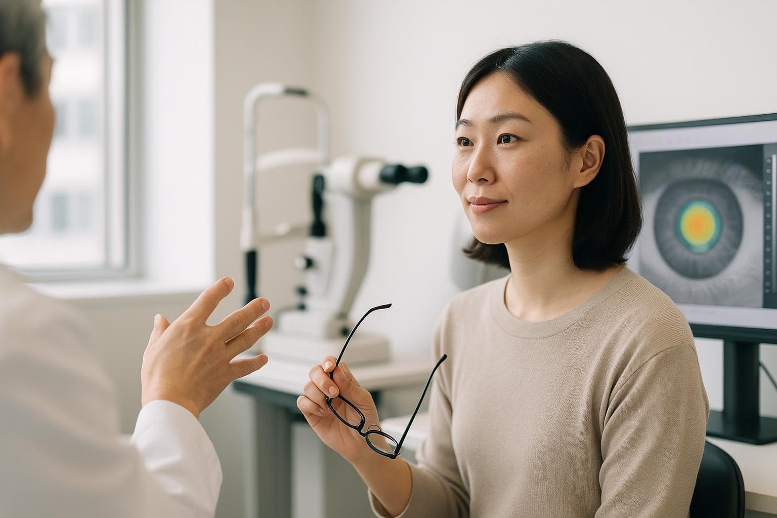 明るい診察室で、日本人女性の患者様が眼鏡を手に持ち、落ち着いた表情で医師の説明を聞いている様子