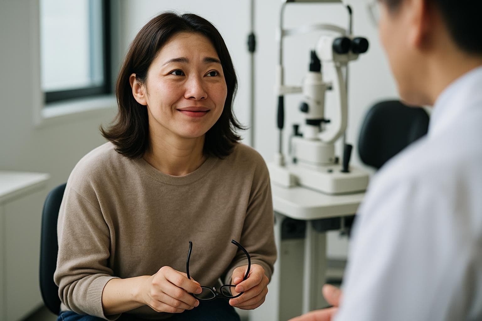 明るい診察室で眼鏡を手に持ち、安心した表情で医師の説明を聞く日本人女性