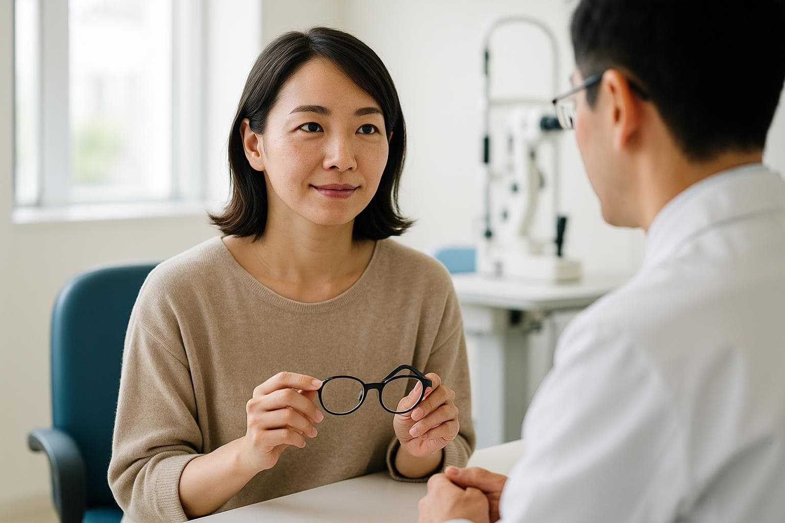 明るい診察室で、眼鏡を手に医師の説明を穏やかな表情で聞く日本人女性の患者さま