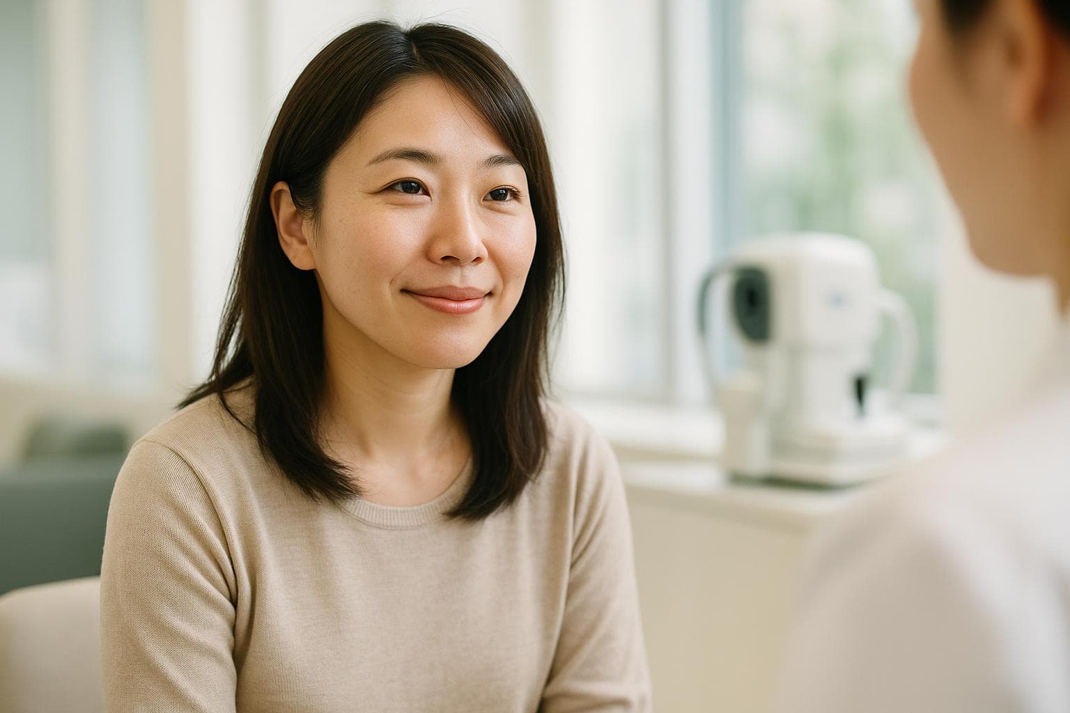 ヒーリング眼科の受付。日本語通訳が常駐し、来院から会計まで日本語で対応する