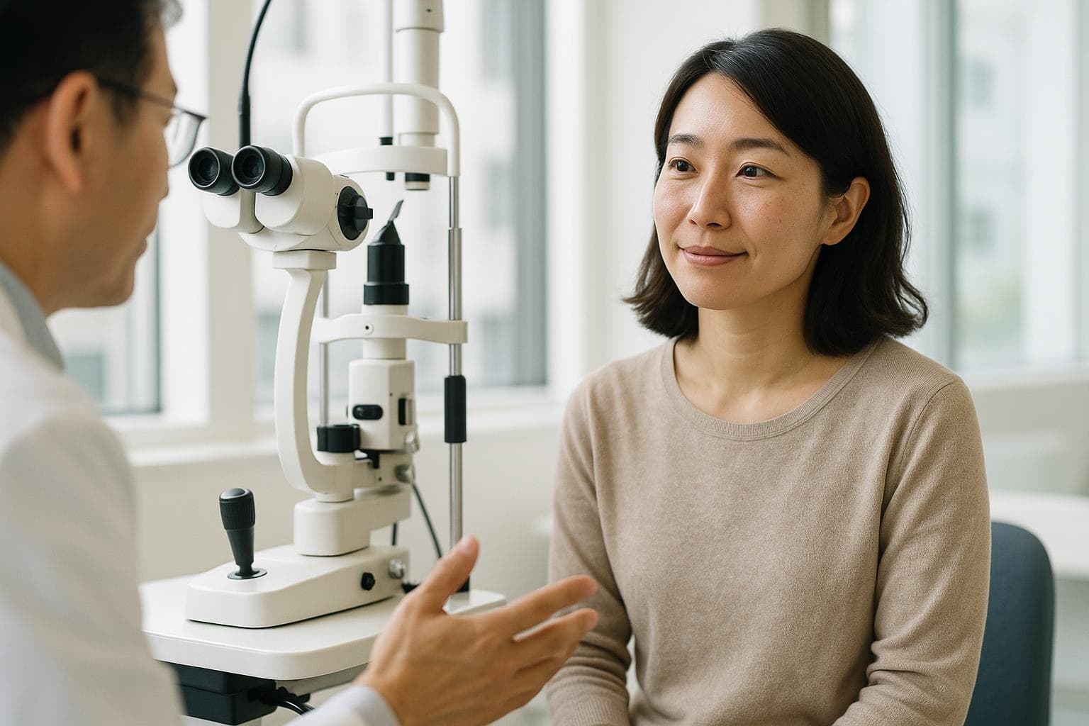 明亮診間的裂隙燈旁，戴眼鏡的醫師正在向穿米色毛衣的女性患者說明
