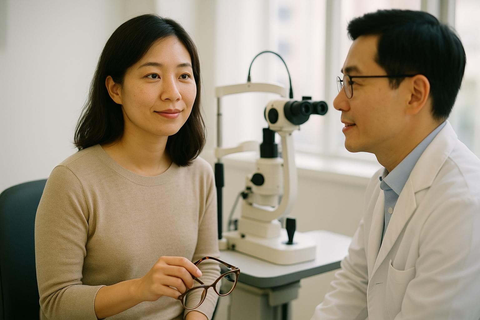 一位台灣女性在明亮的首爾眼科診間裡，手拿眼鏡、神情放鬆地聽醫師說明白內障術後恢復流程