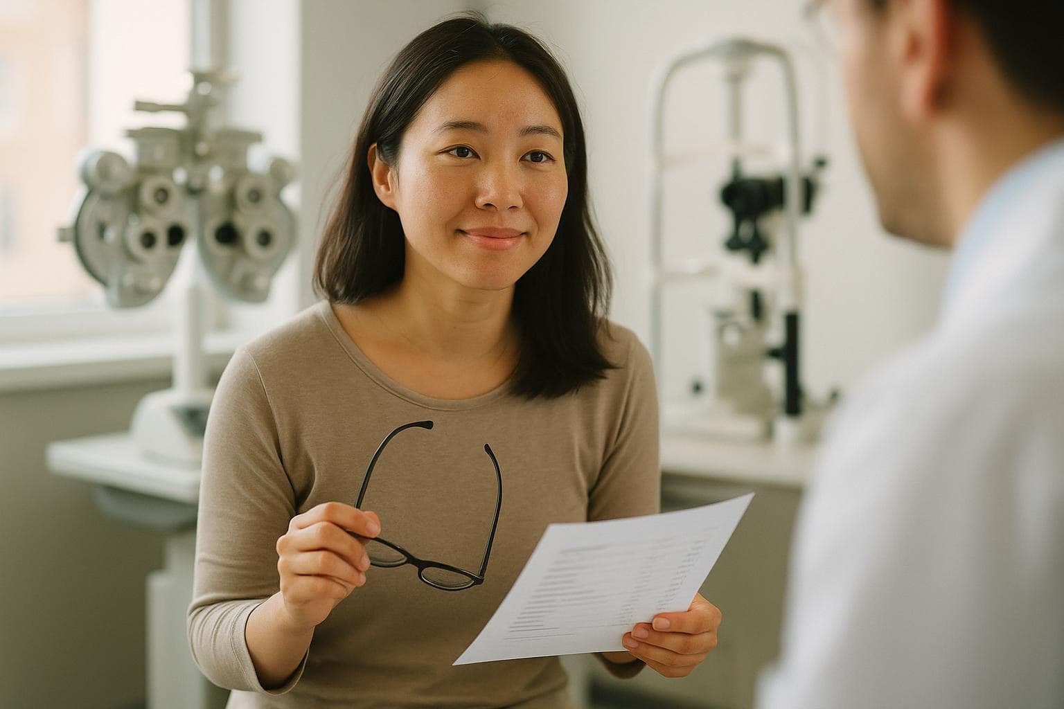 三十多歲的台灣女性患者在江南 Healing 眼科明亮的診間裡，手上拿著眼鏡與費用說明，正在與醫師討論近視雷射的價錢