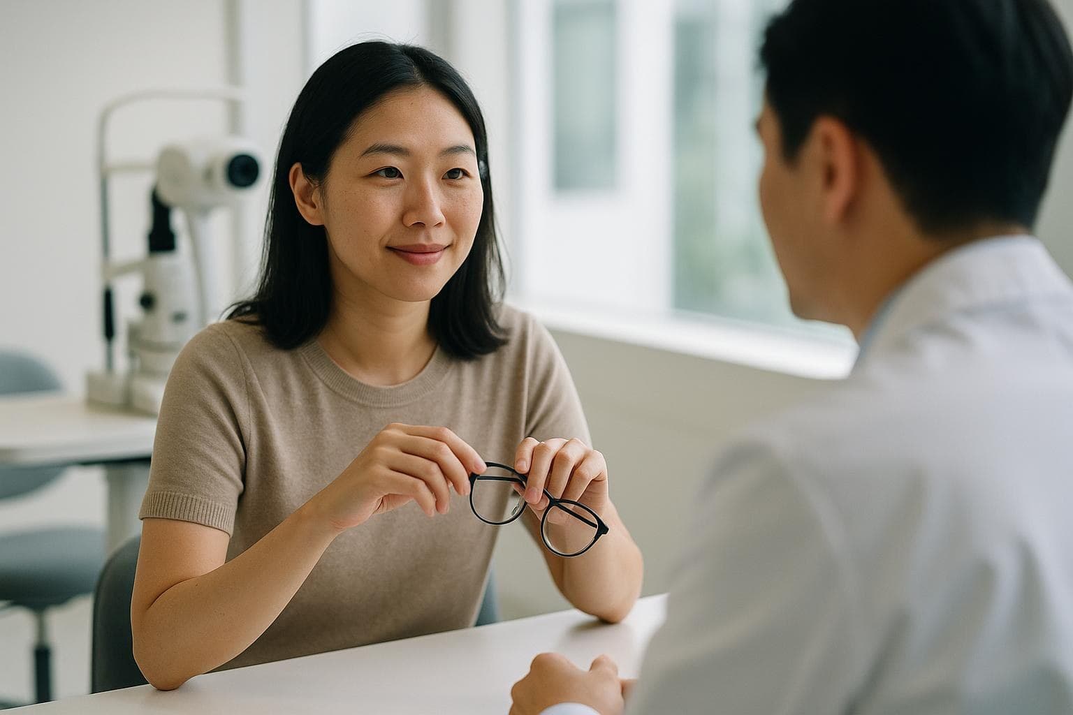 三十多歲的台灣女性在明亮的江南眼科診間，手裡拿著眼鏡，平靜地聽醫師說明 ICL 費用與檢查內容