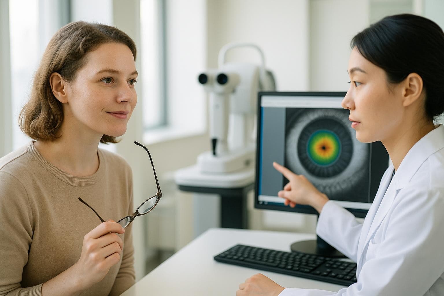 A calm woman in her thirties holding her glasses while listening to an eye doctor explain her corneal scan results in a bright Seoul clinic consultation room