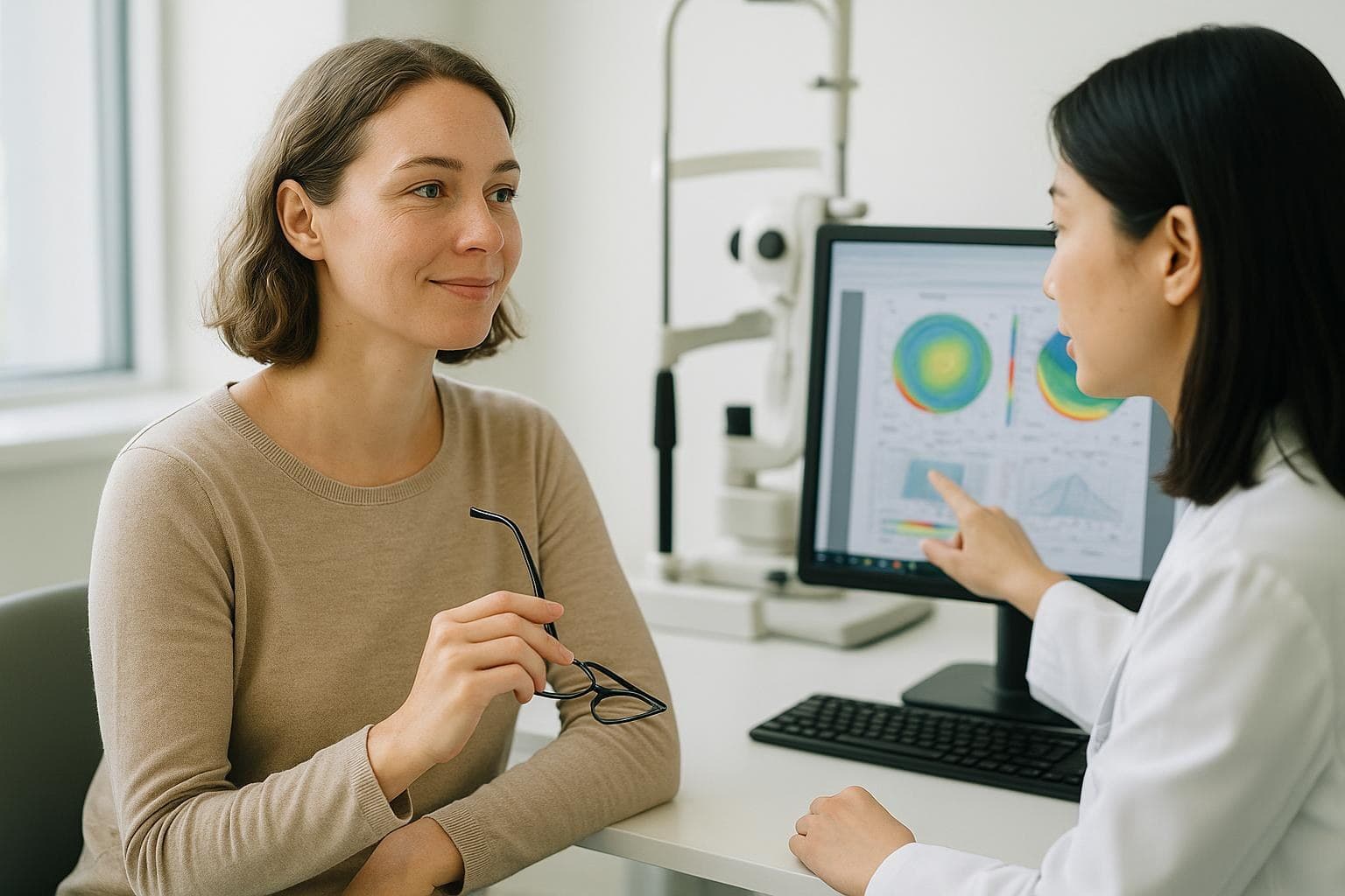 A calm woman in her thirties holding her glasses while listening to an eye doctor explain her corneal scan results in a bright Gangnam clinic consultation room