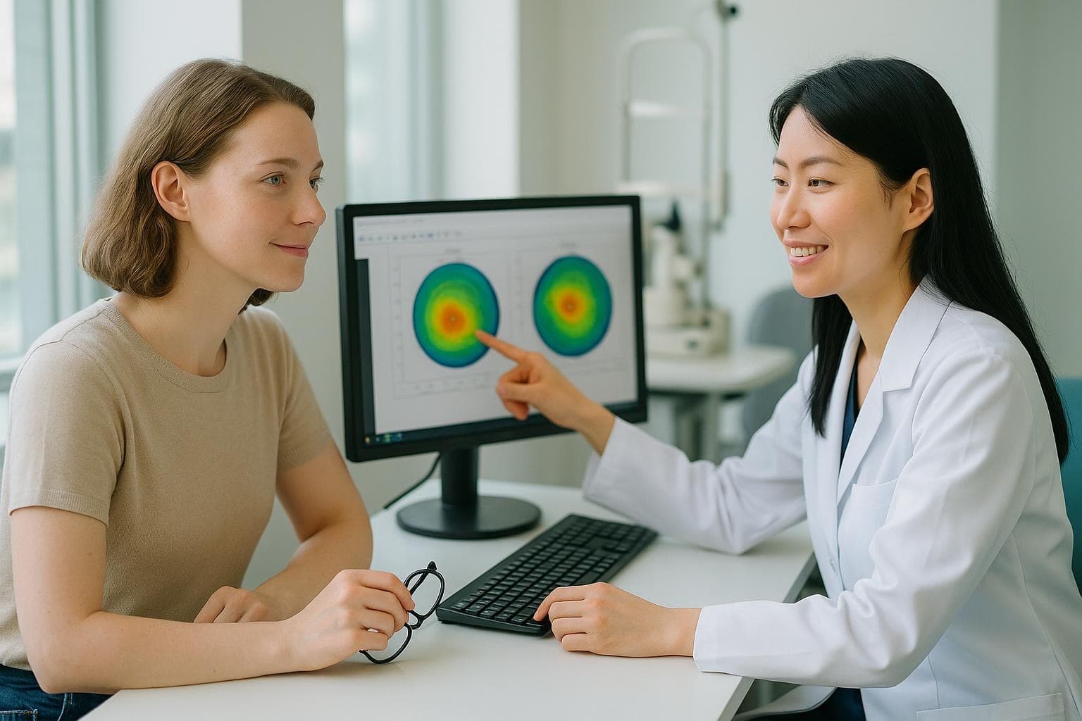 A calm woman in her early thirties listening to a doctor explain her corneal topography scan in a bright Gangnam eye clinic consultation room
