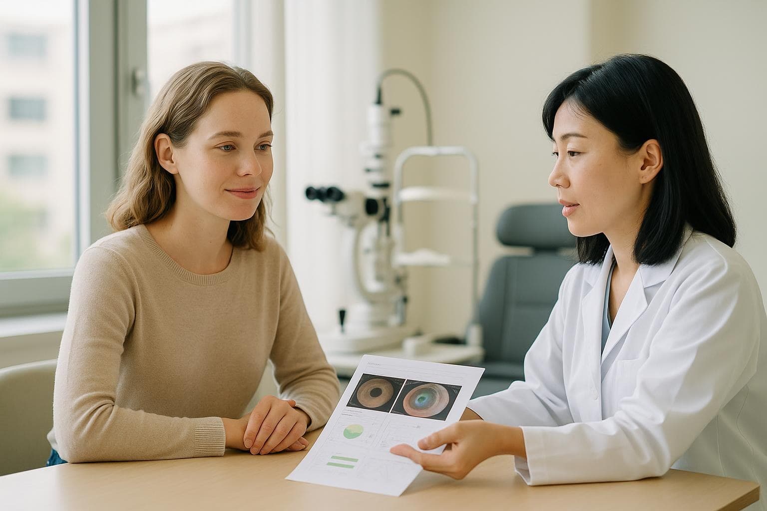 A woman in her thirties sitting calmly with an eye doctor in a bright Seoul clinic consultation room, listening as cataract surgery risks are explained