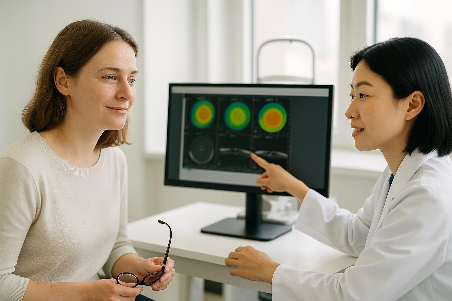 A calm Western woman in her early thirties listening to an eye doctor explain her ICL scan results in a bright Gangnam consultation room