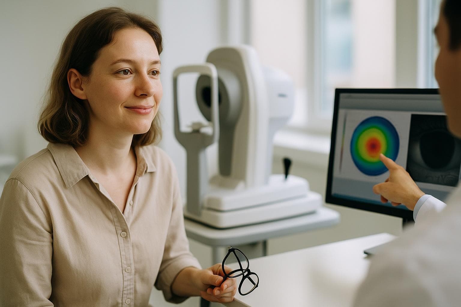 A calm woman in her thirties holding her glasses while listening to an eye surgeon explain ICL test results in a bright Seoul clinic consultation room