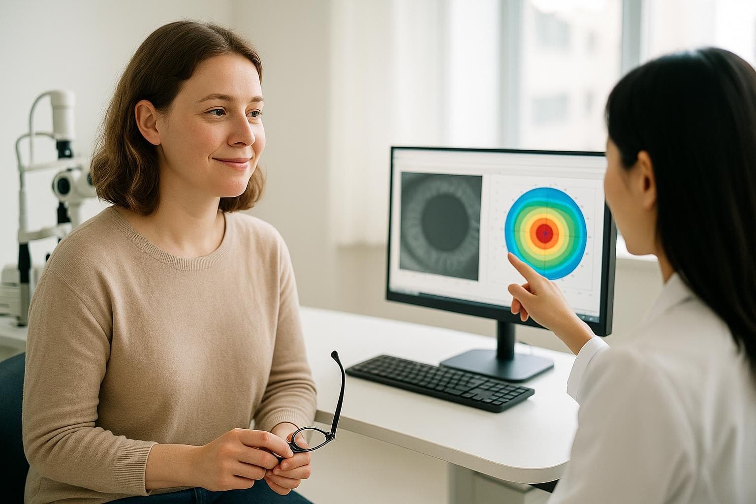 A calm woman in her thirties holding her glasses while listening to an eye doctor explain her exam results in a bright Gangnam eye clinic consultation room