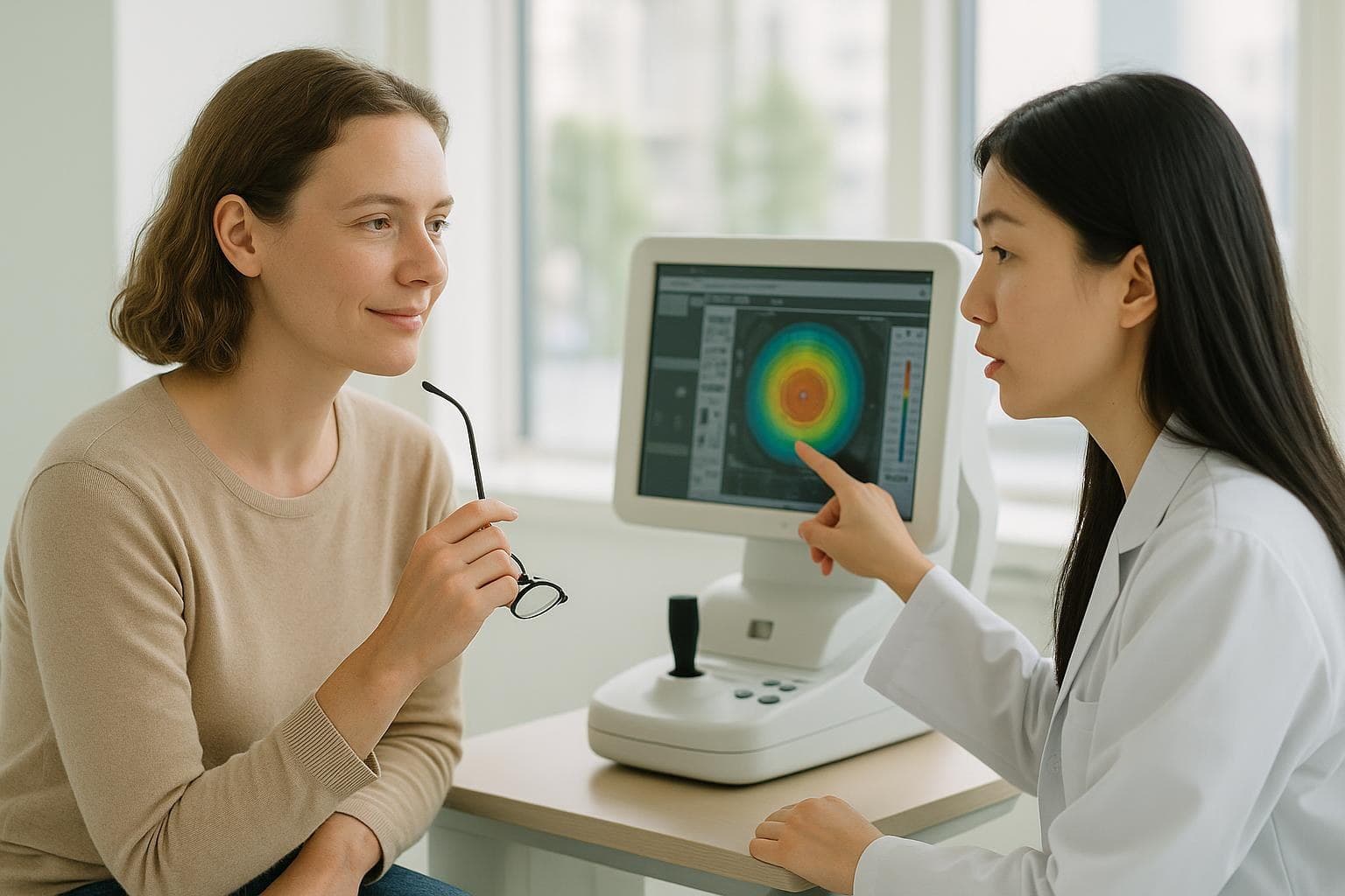 A calm woman in her thirties holding her glasses while listening to an eye doctor explain a treatment plan in a bright Seoul clinic consultation room