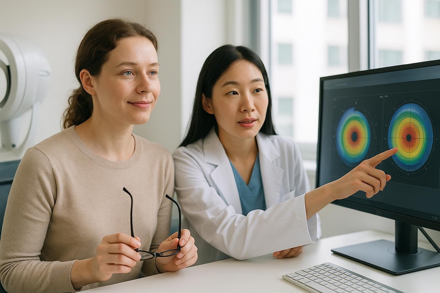 A woman in her early thirties sitting calmly with her glasses in hand while a doctor explains corneal scan results in a bright Seoul eye clinic consultation room