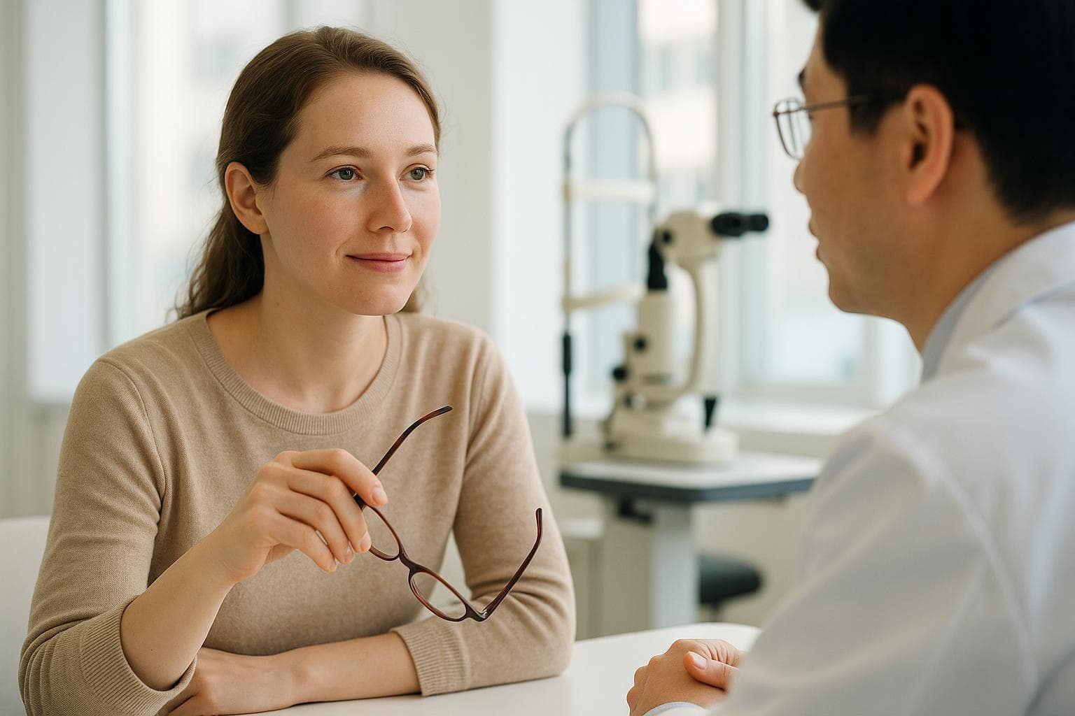 A woman in her early thirties sitting calmly with her glasses in hand during a consultation at a bright eye clinic in Seoul