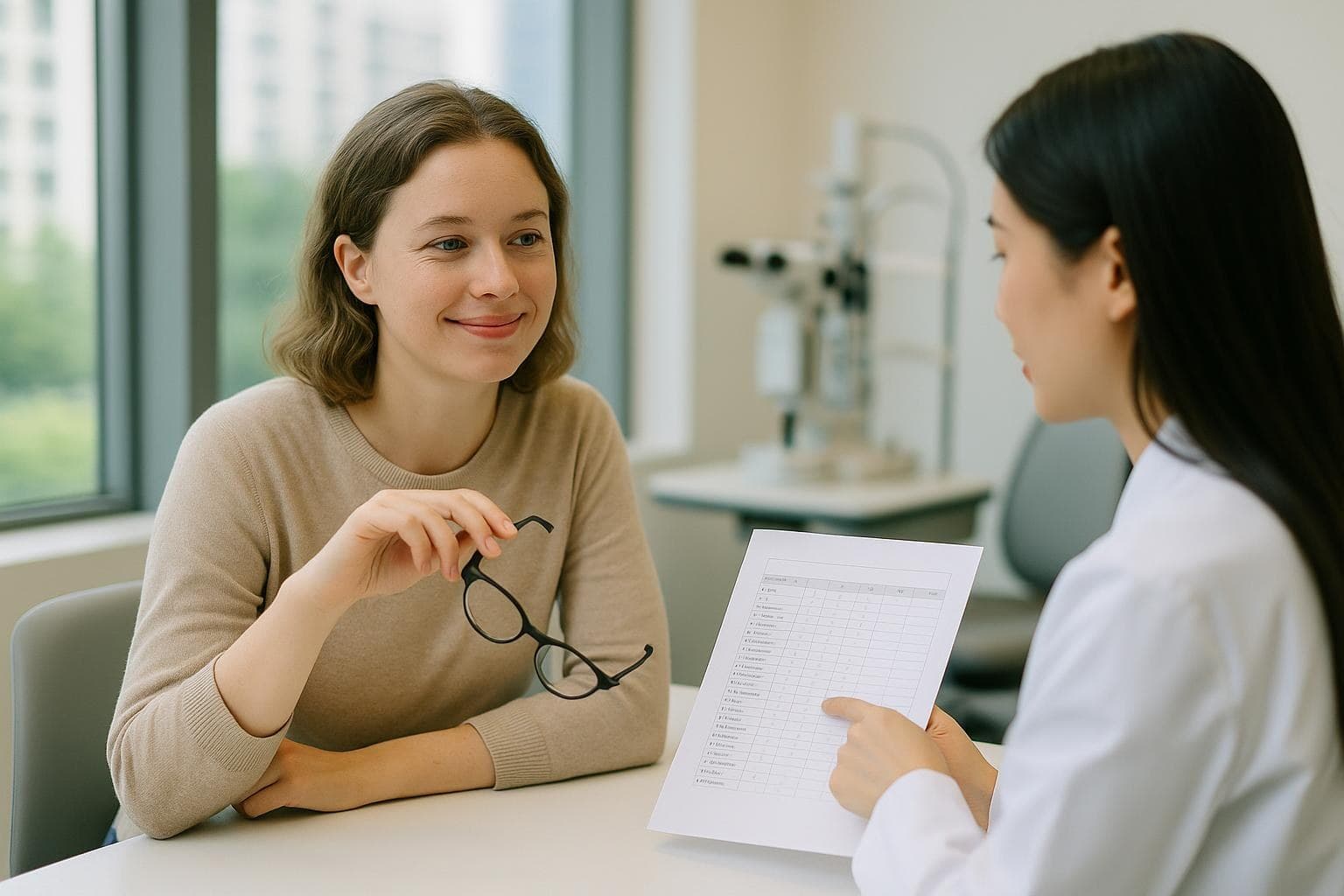 A calm woman in her thirties listening to her doctor explain a recovery schedule in a bright Gangnam eye clinic consultation room