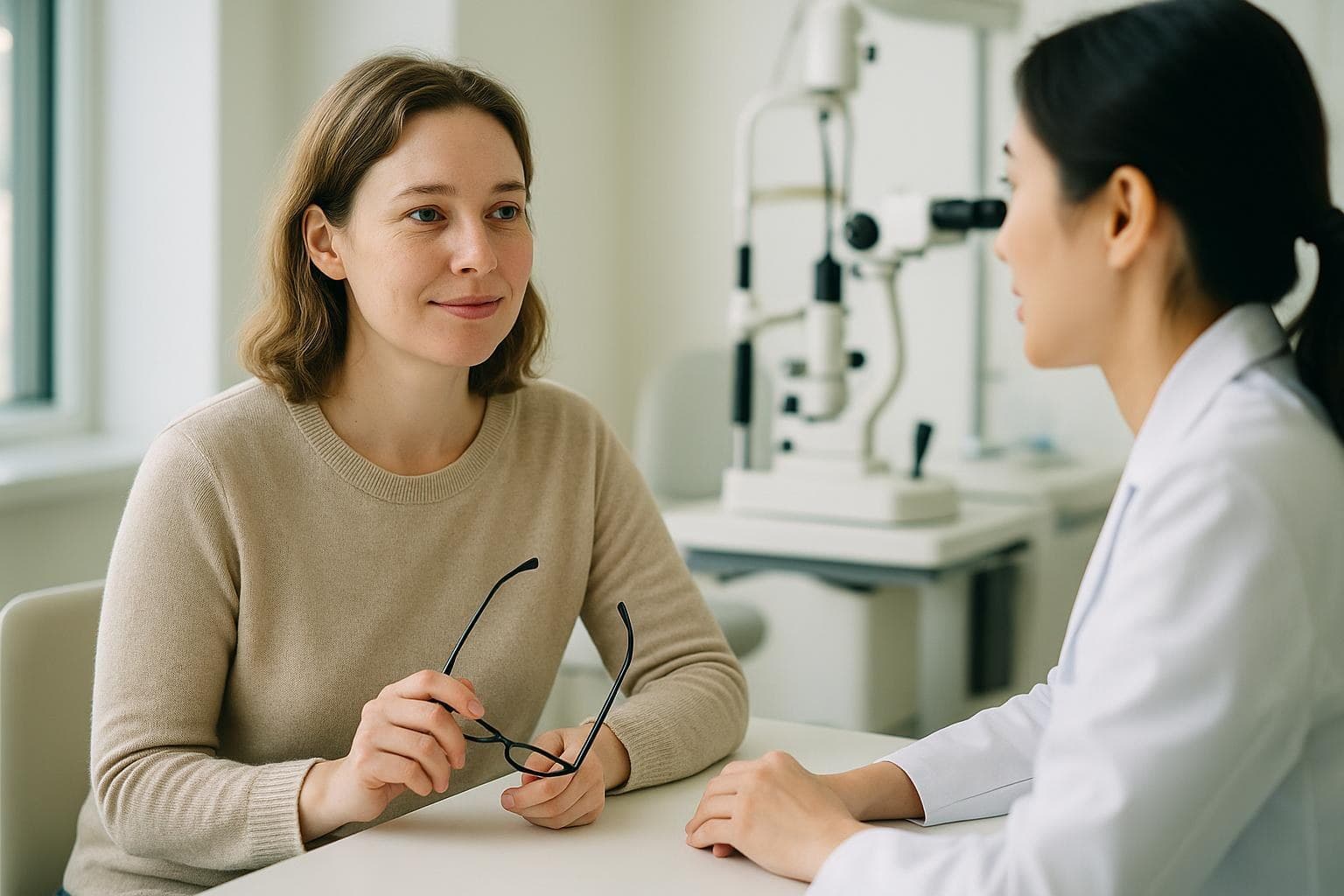 A calm woman in her thirties holding her glasses while listening to an eye doctor explain presbyopia correction options in a bright Seoul clinic consultation room