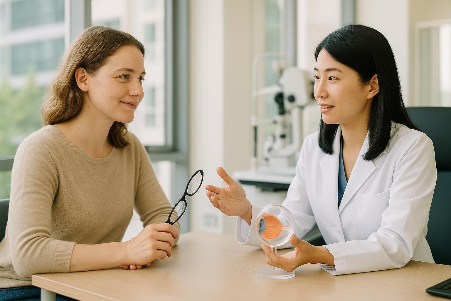 A calm woman in her thirties holding her reading glasses while listening to an eye doctor explain lens options in a bright Seoul clinic consultation room