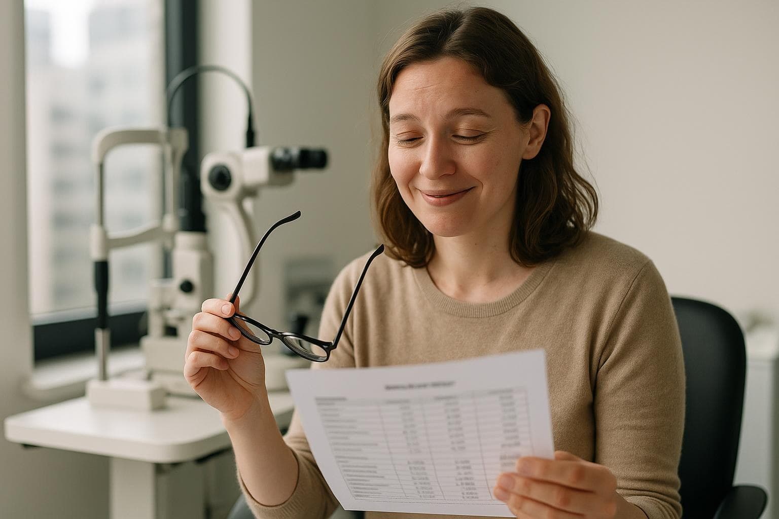 A woman in her thirties sitting in a bright Seoul eye clinic consultation room, holding her glasses and a printed price sheet while talking with staff