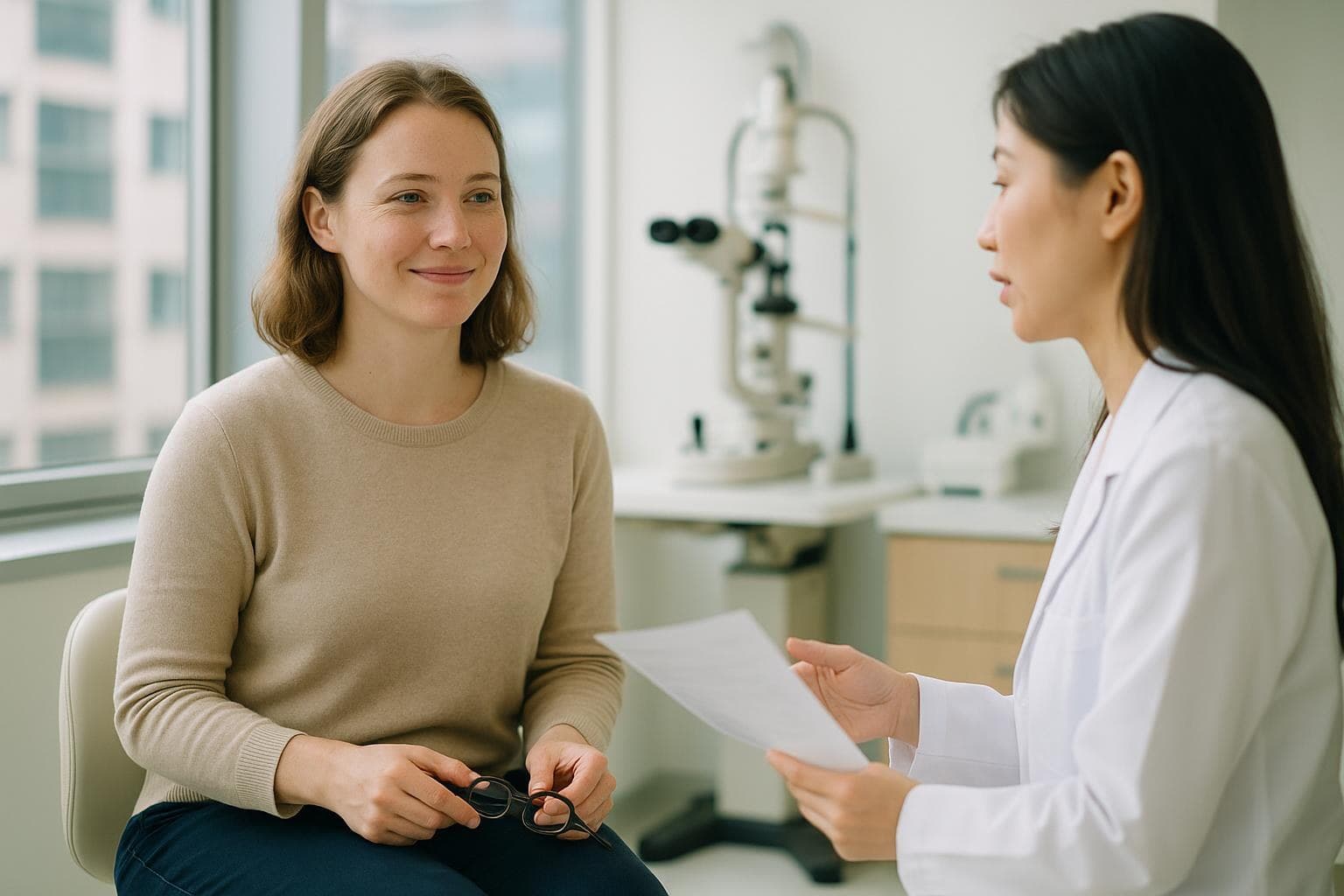 A calm woman in her thirties sitting with her doctor in a bright Seoul eye clinic consultation room, holding her glasses while listening to her post-operative recovery plan