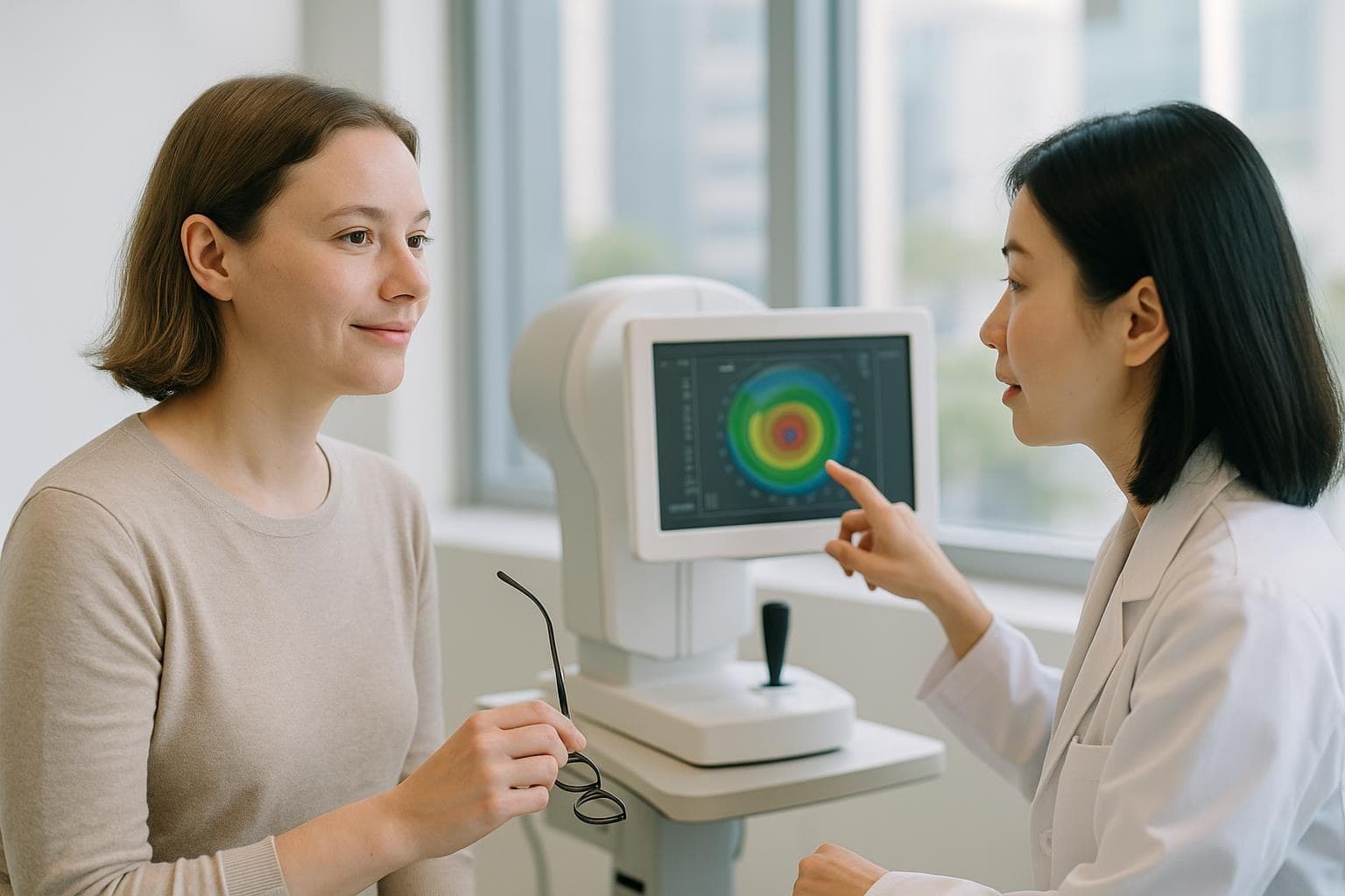 A calm woman in her thirties sits with her glasses in hand, listening to an eye doctor explain her corneal scan in a bright Seoul clinic consultation room