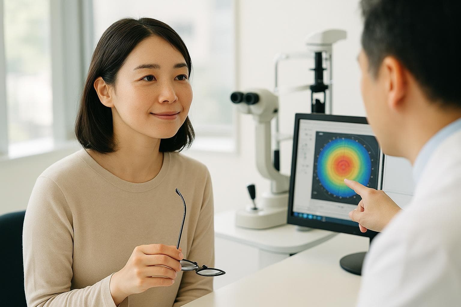 明るい診察室で、院長の説明を落ち着いて聞きながらメガネを手に持つ30代の日本人女性患者