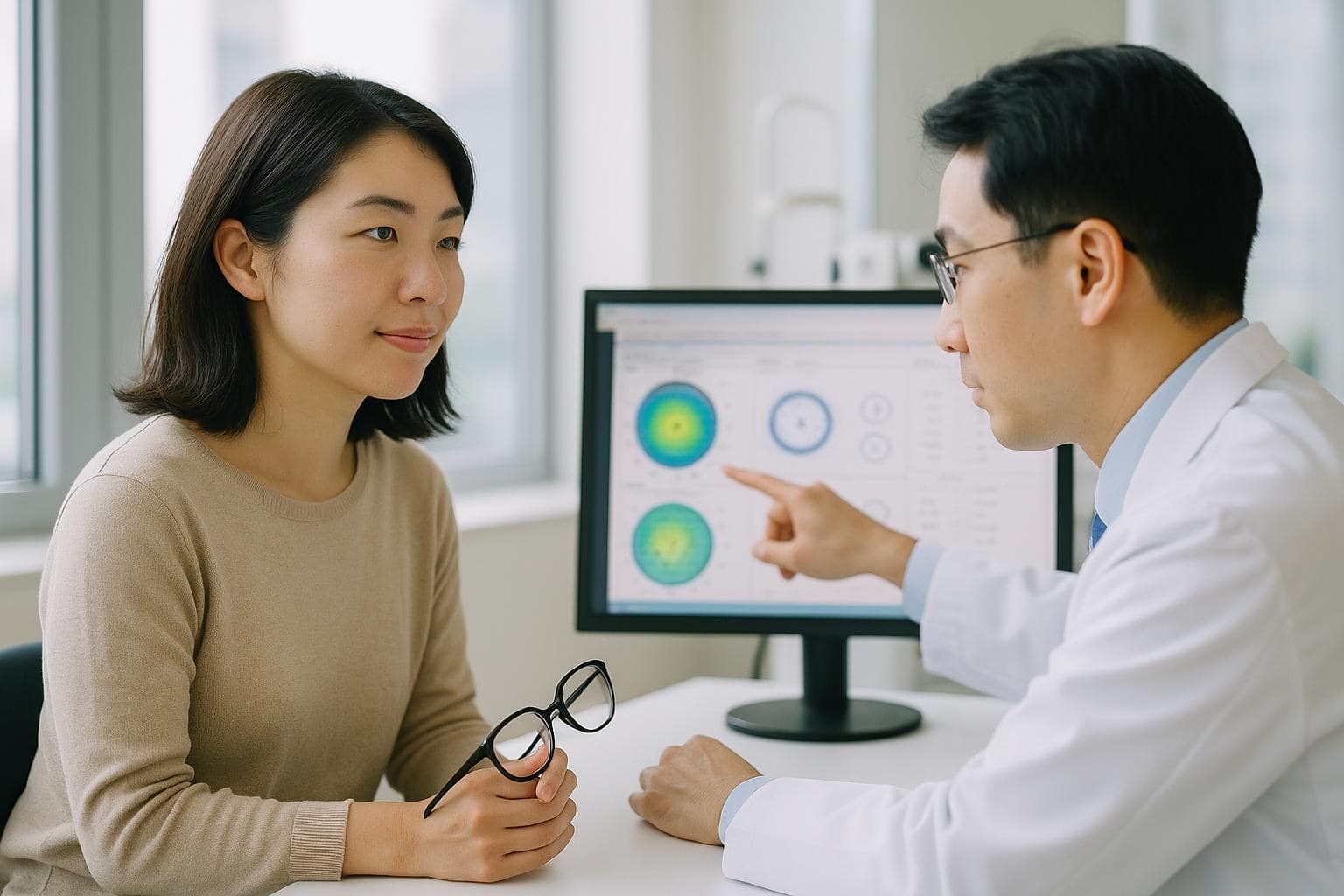 明るい診察室で、日本人女性の患者が検査画像を見ながら医師の説明を落ち着いた表情で聞いている様子