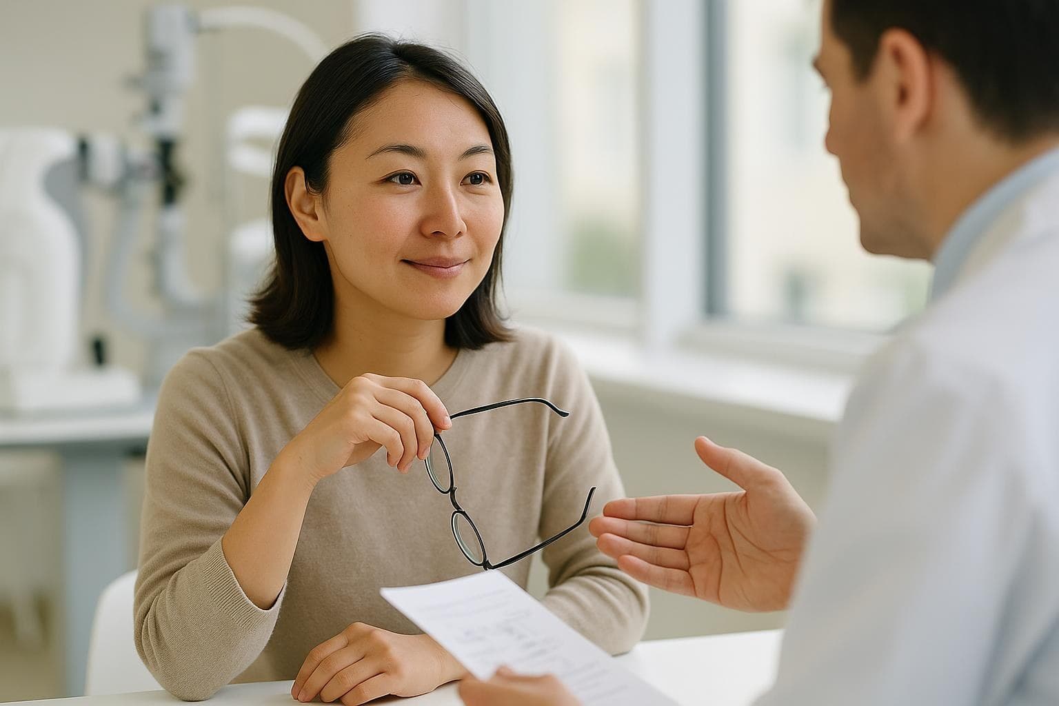 眼鏡を手にした女性が、診察机の向かいで書類を持つ白衣の医師の説明を、ほほえみながら聞いている様子