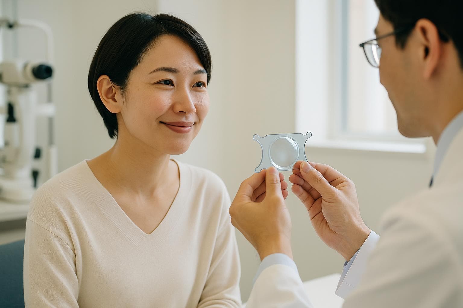 ヒーリング眼科のキム・ソニョン院長が角膜検査の結果を患者に説明している様子