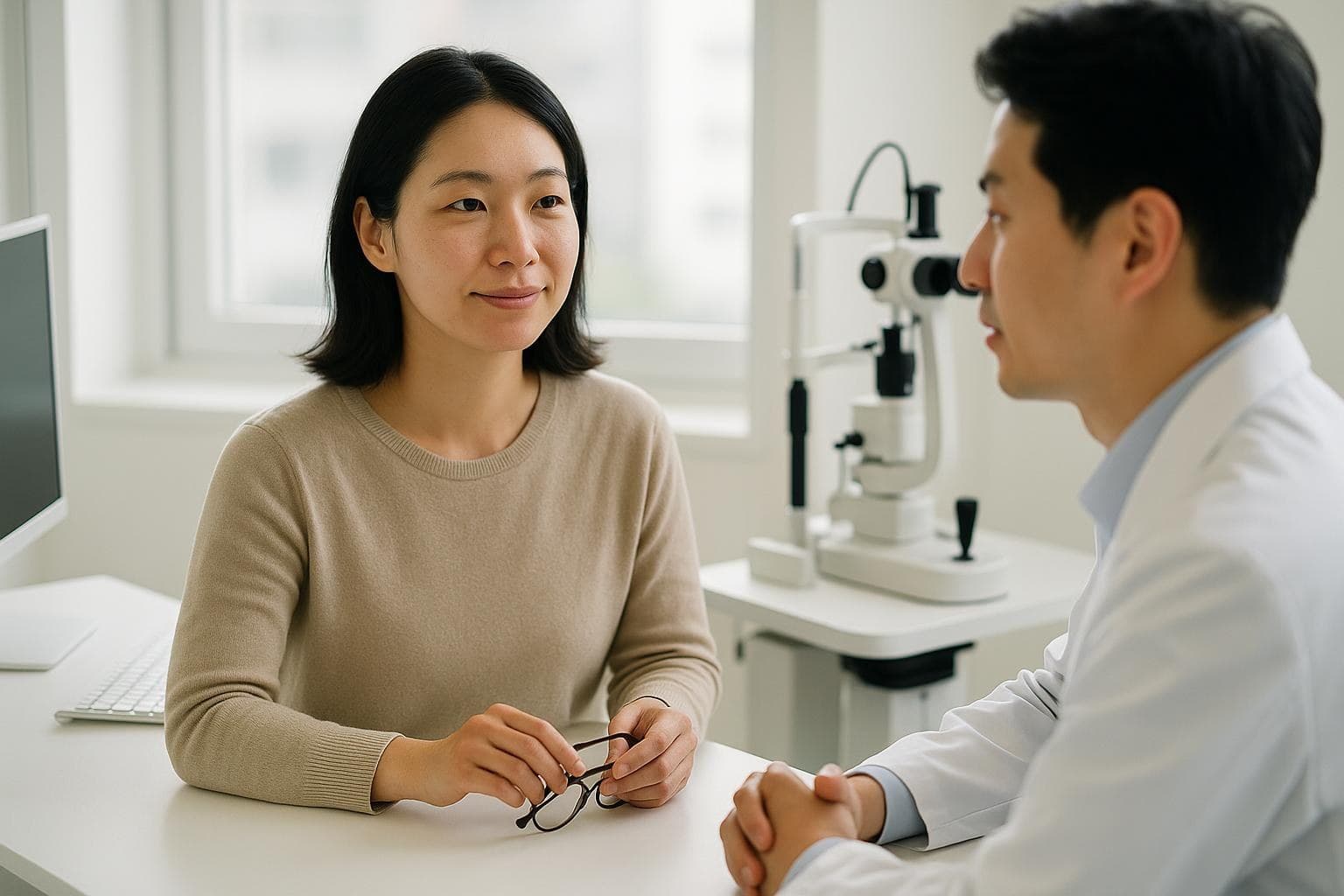 明るい診察室で、眼科医の説明を落ち着いた表情で聞く30代の日本人女性の患者