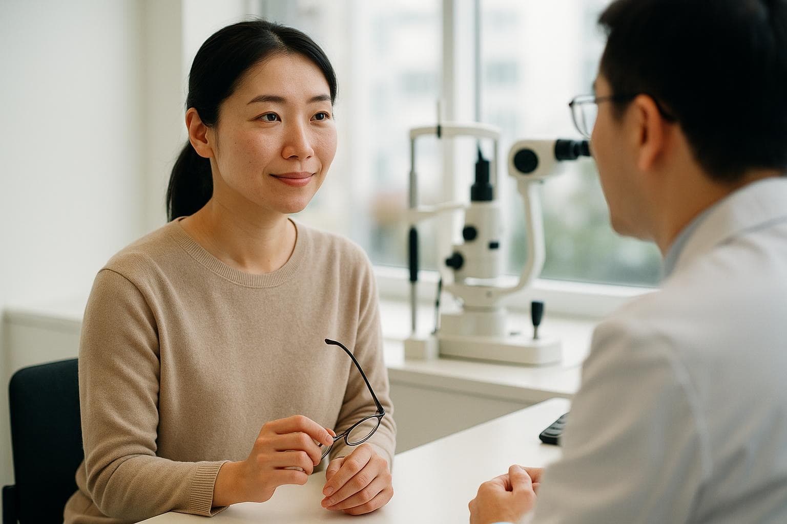明るい診察室で医師の説明を落ち着いた表情で聞く、30代の日本人女性の患者さん