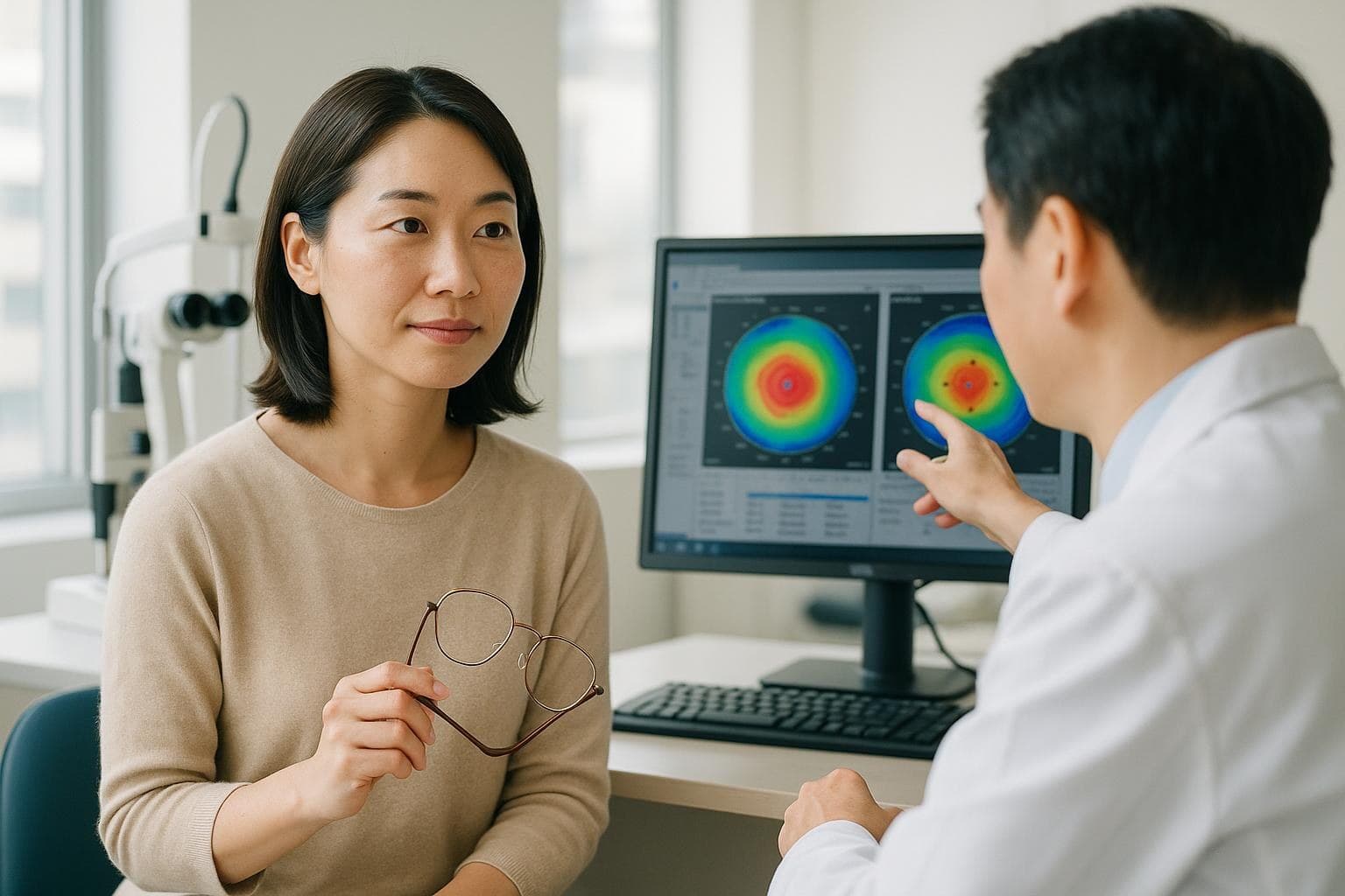 明るい診察室で、眼鏡を手に持ちながら医師の説明に落ち着いて耳を傾ける30代の日本人女性患者