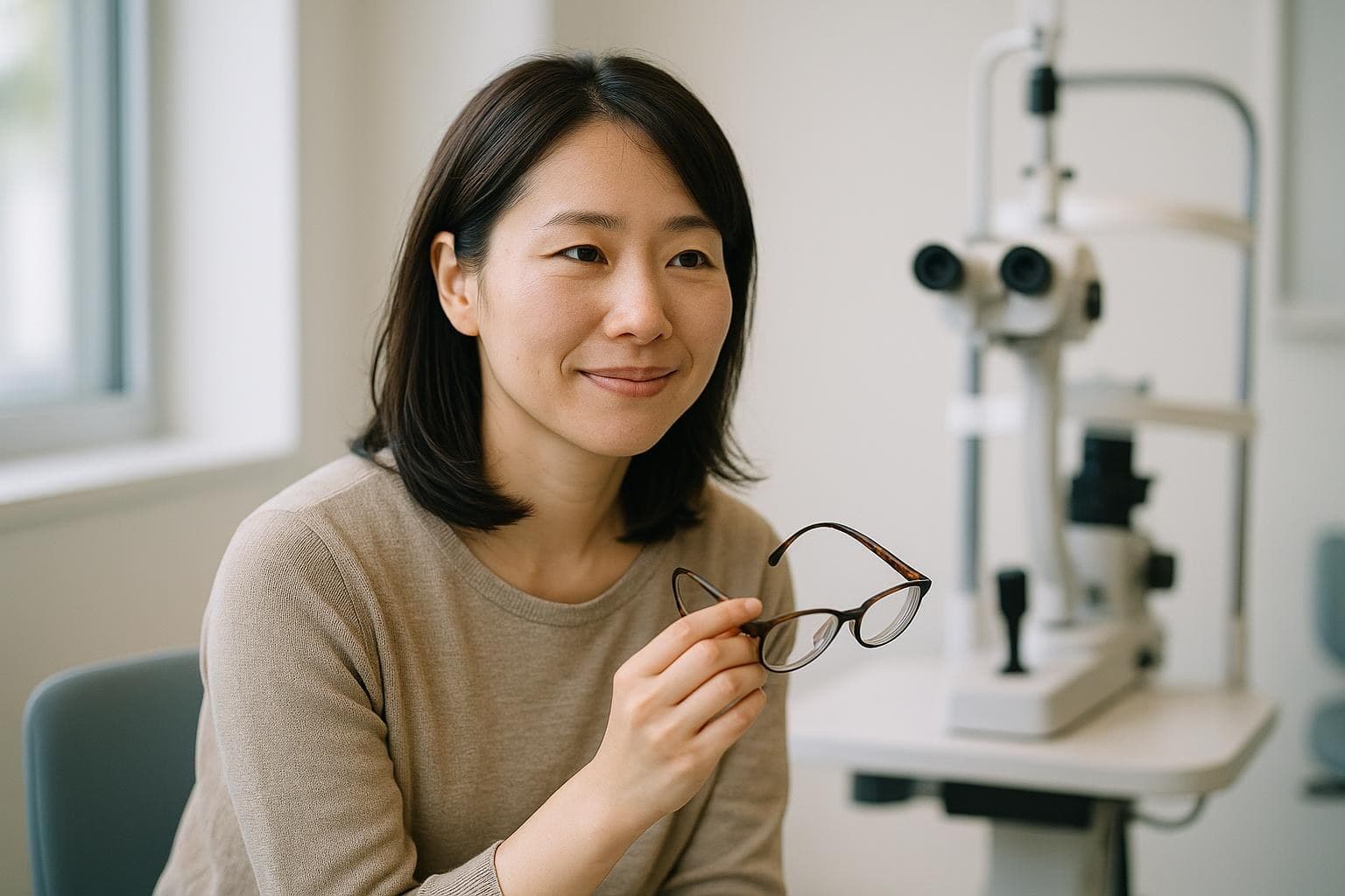 明るい診察室で、眼鏡を手に持ちながら医師の説明を聞く30代の日本人女性患者